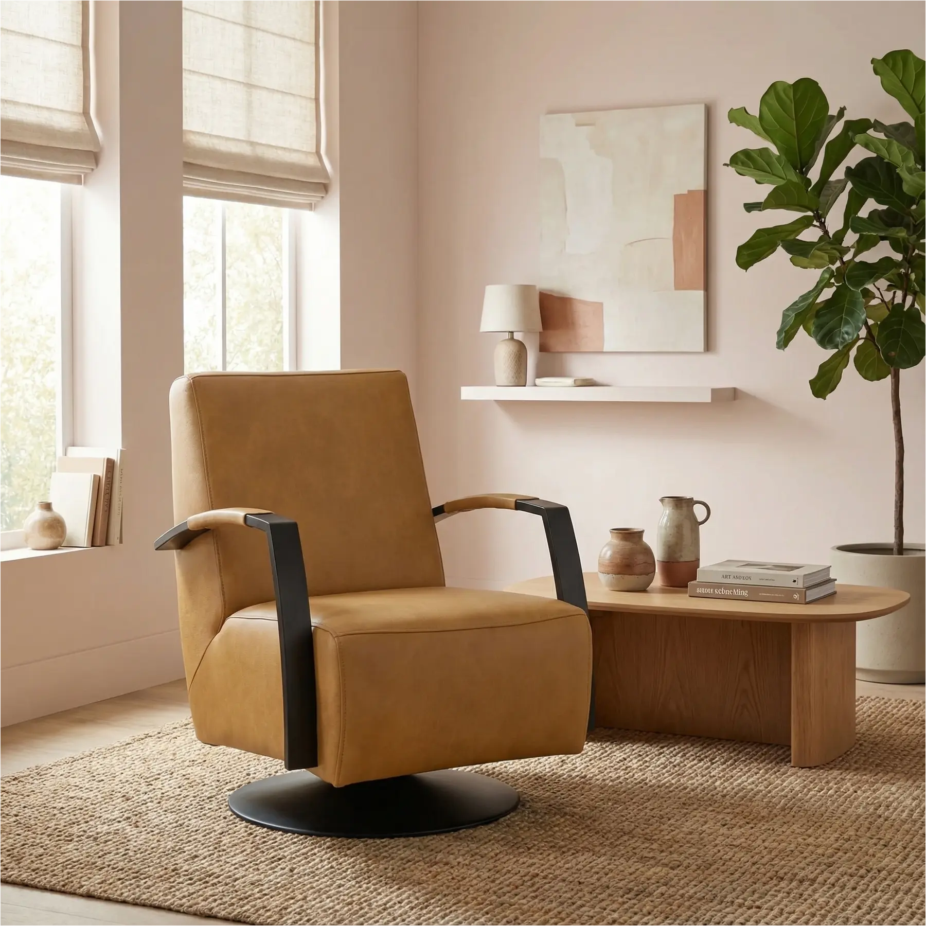 afbeelding van Leren draaifauteuil Mood - Granada Amber (cognac) - Schotelvoet zwart