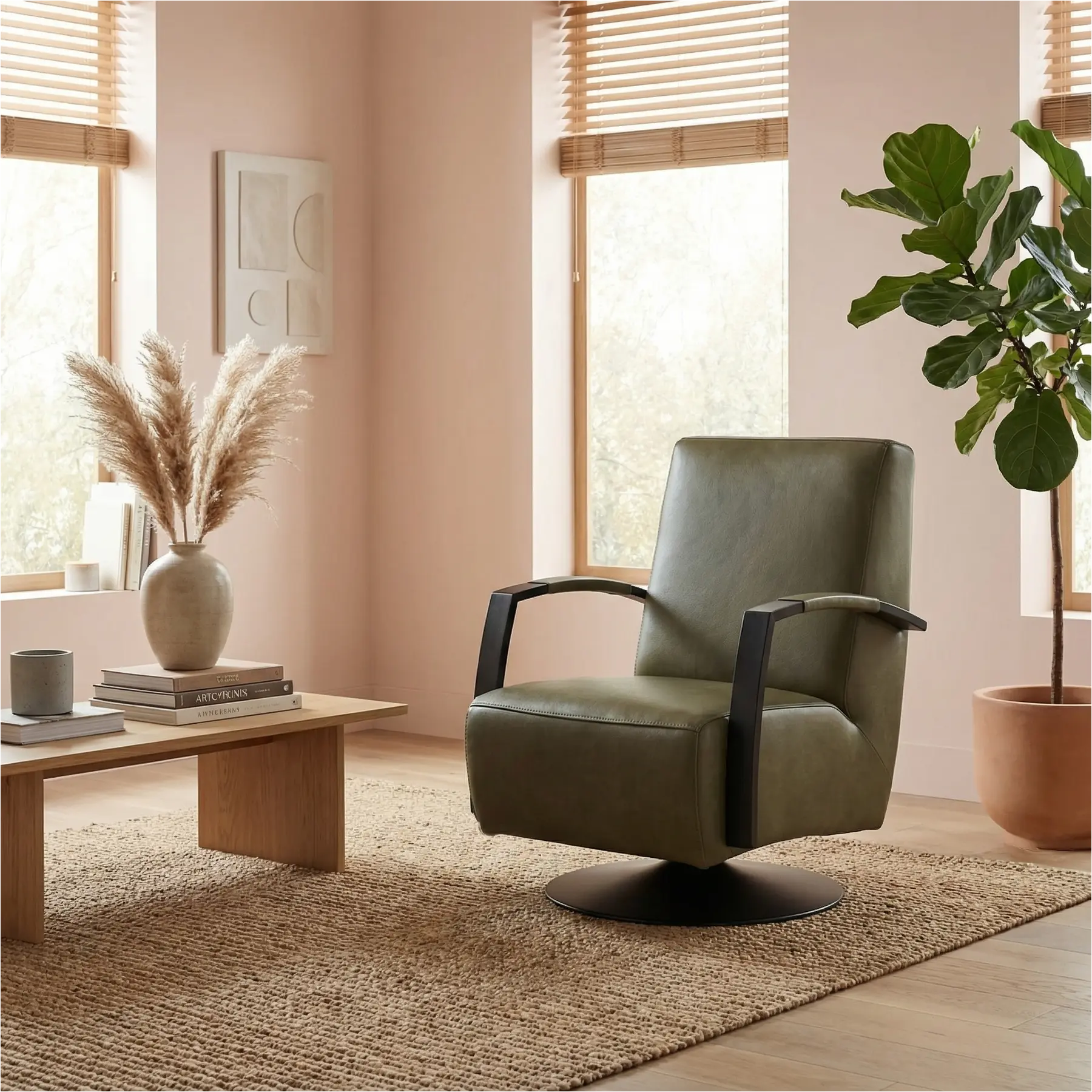afbeelding van Leren draaifauteuil Mood - Granada Moss (olijf/groen) - Schotelvoet zwart