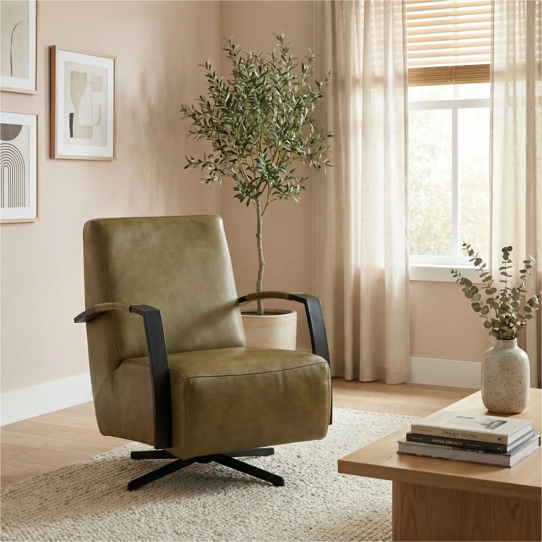 afbeelding van Leren draaifauteuil Mood - Granada Olive (olijf) - Stervoet zwart