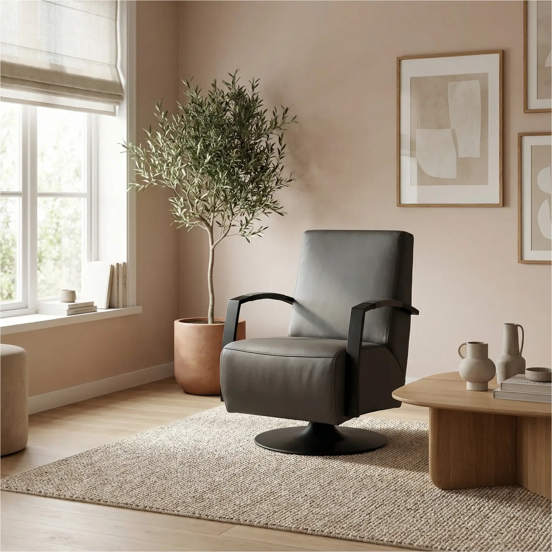 afbeelding van Leren draaifauteuil Mood - Hermes Antracite (donkergrijs) - Schotelvoet zwart