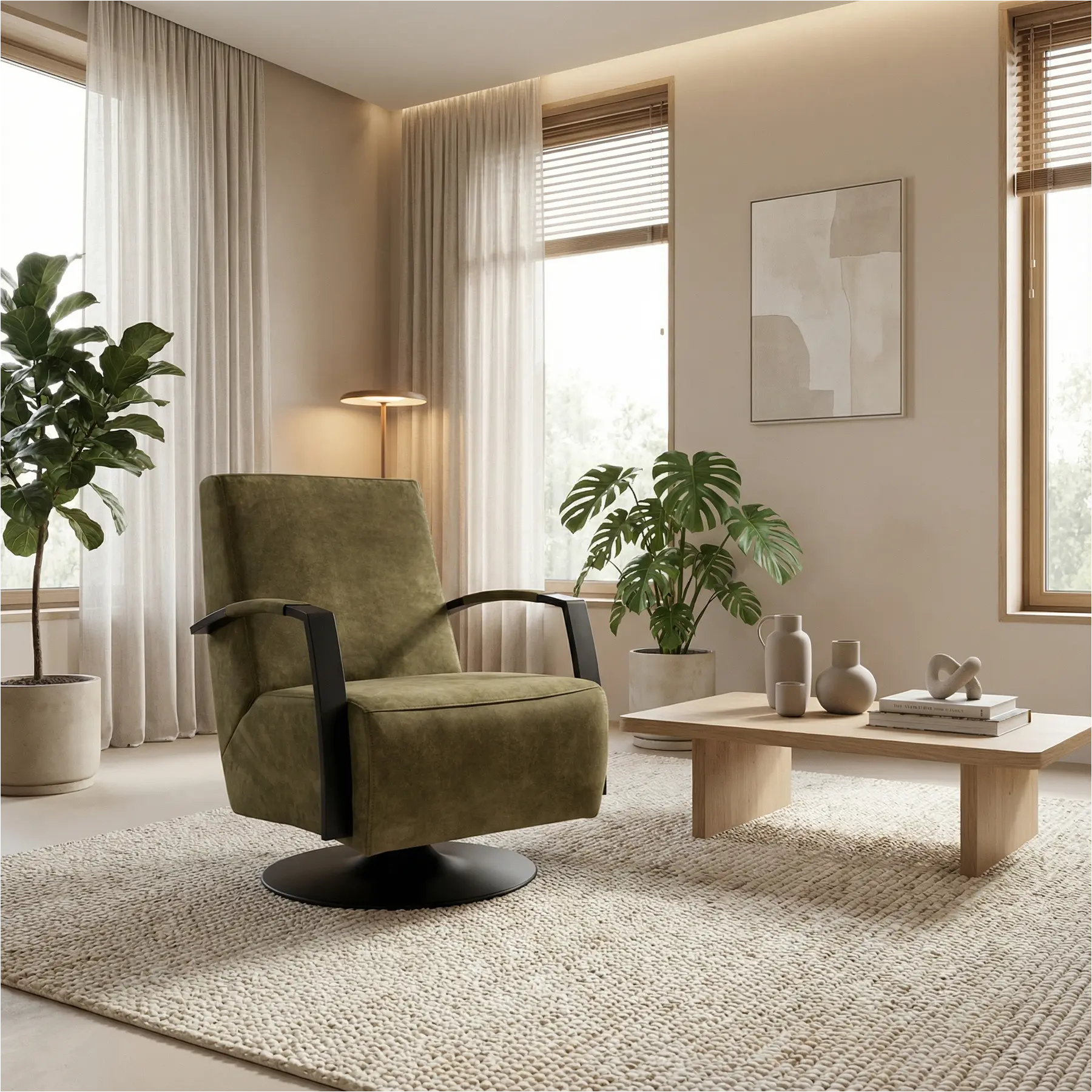 afbeelding van Leren draaifauteuil Mood - Kenia Olive (olijf) - Schotelvoet zwart