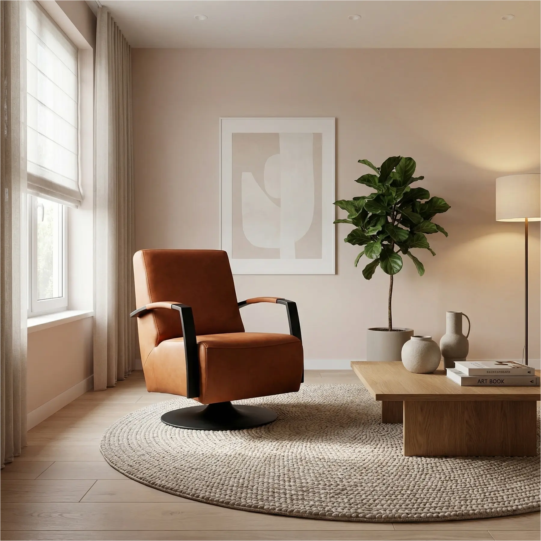 afbeelding van Leren draaifauteuil Mood - Rancho Cognac (cognac) - Schotelvoet zwart