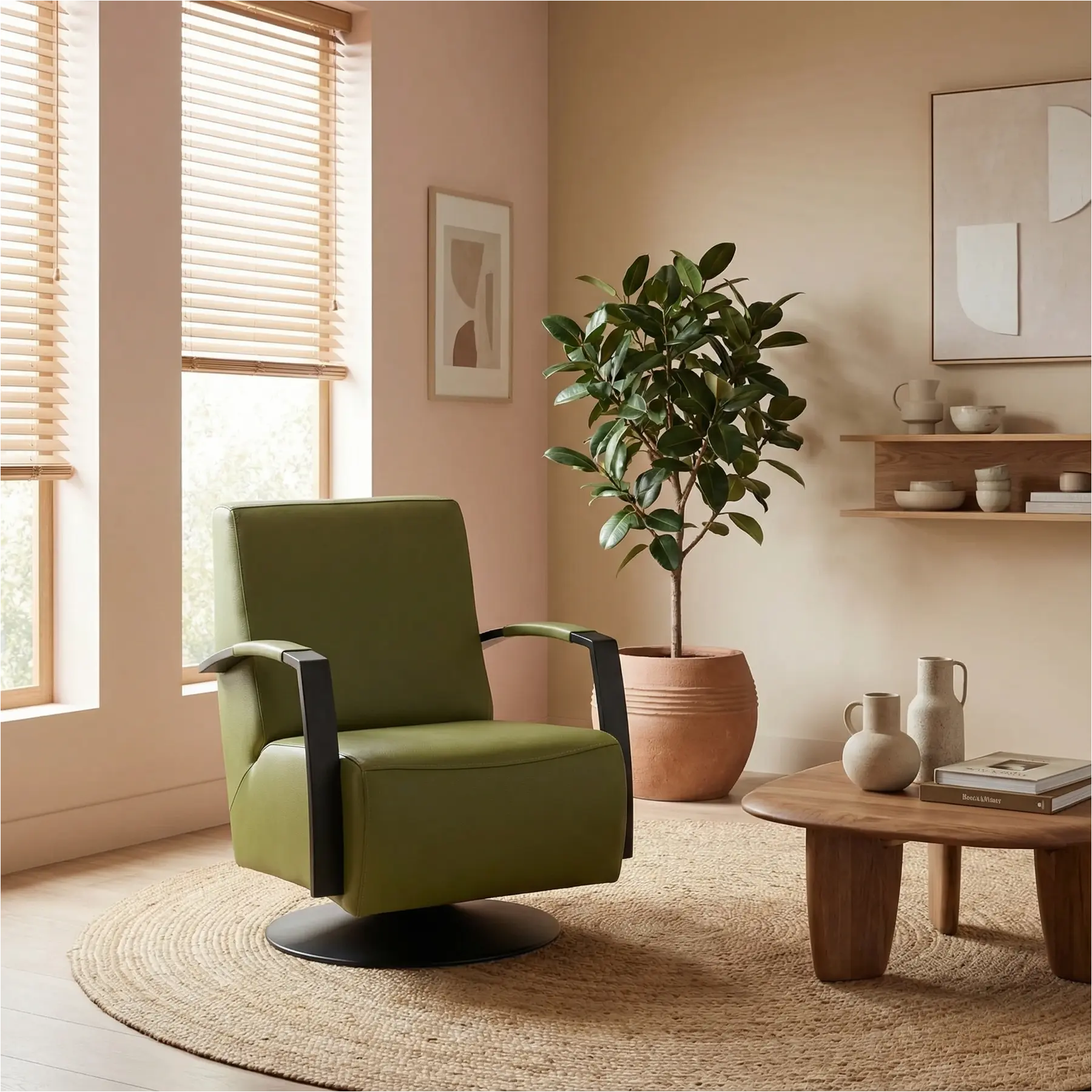afbeelding van Leren draaifauteuil Mood - Toledo Apple Green (groen) - Schotelvoet zwart