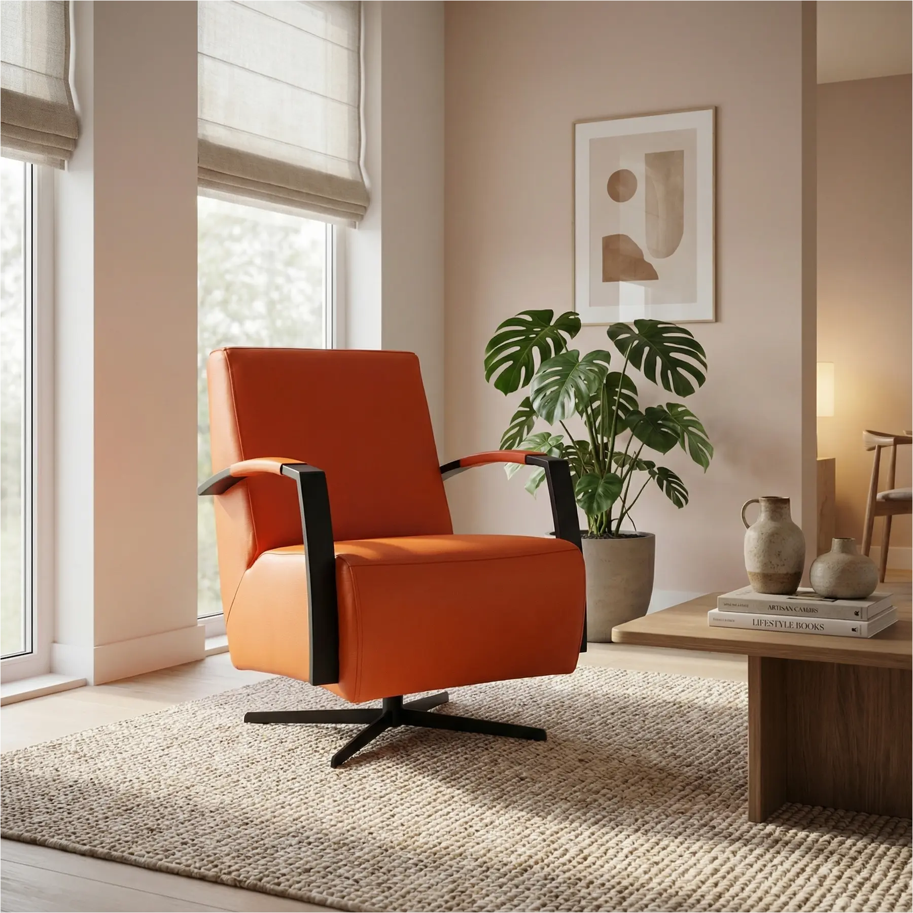 afbeelding van Leren draaifauteuil Mood - Toledo Orange (oranje) - Stervoet zwart