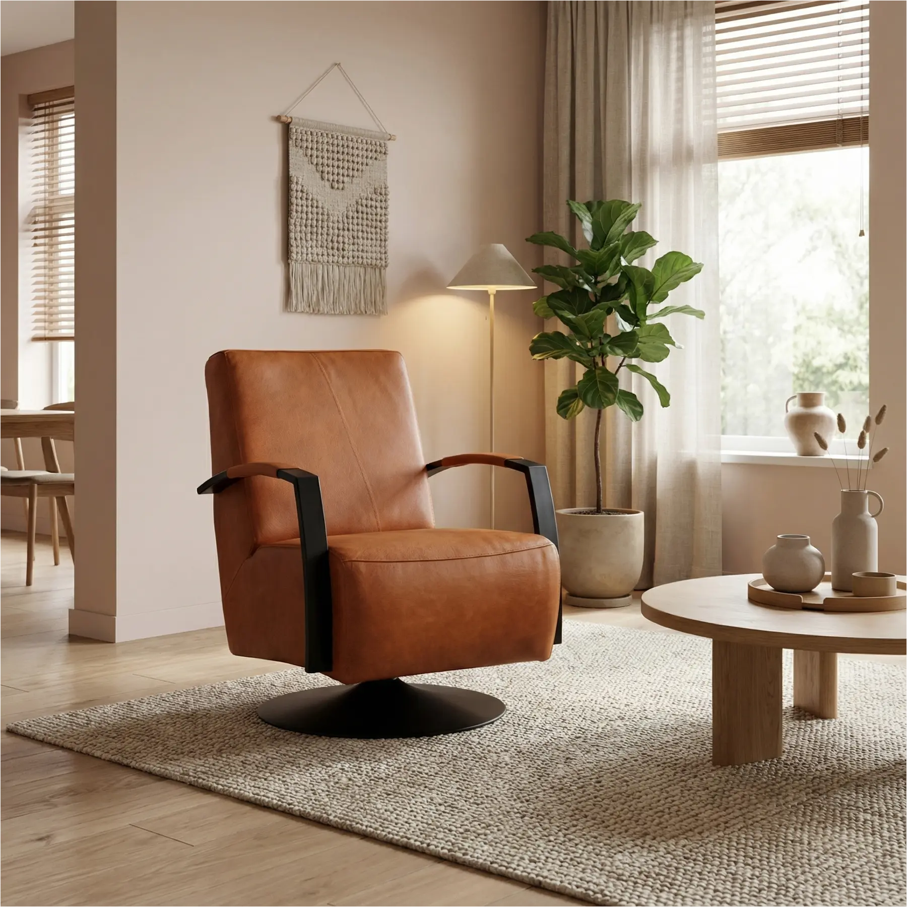 afbeelding van Leren draaifauteuil Mood - Vintage Cognac (cognac) - Schotelvoet zwart