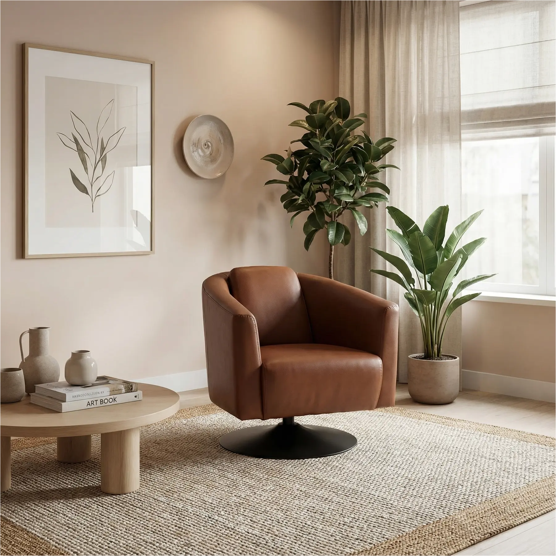 afbeelding van Leren draaifauteuil Press - Massif Armagnac (donkercognac) - Schotelvoet zwart