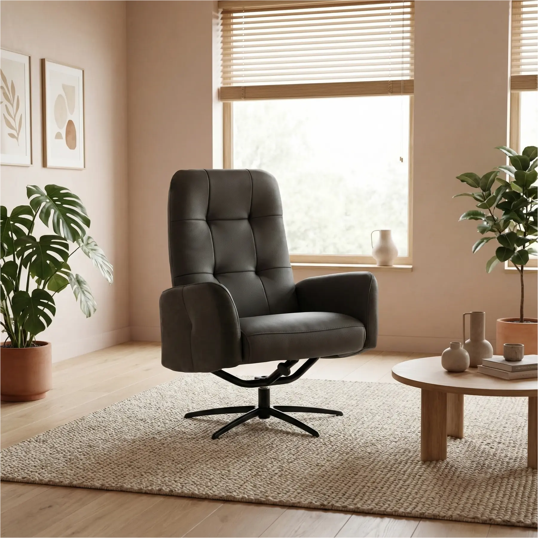 afbeelding van Leren draaifauteuil Pulse Duo - Kenia Antracite en Toledo Antracite - Stervoet zwart