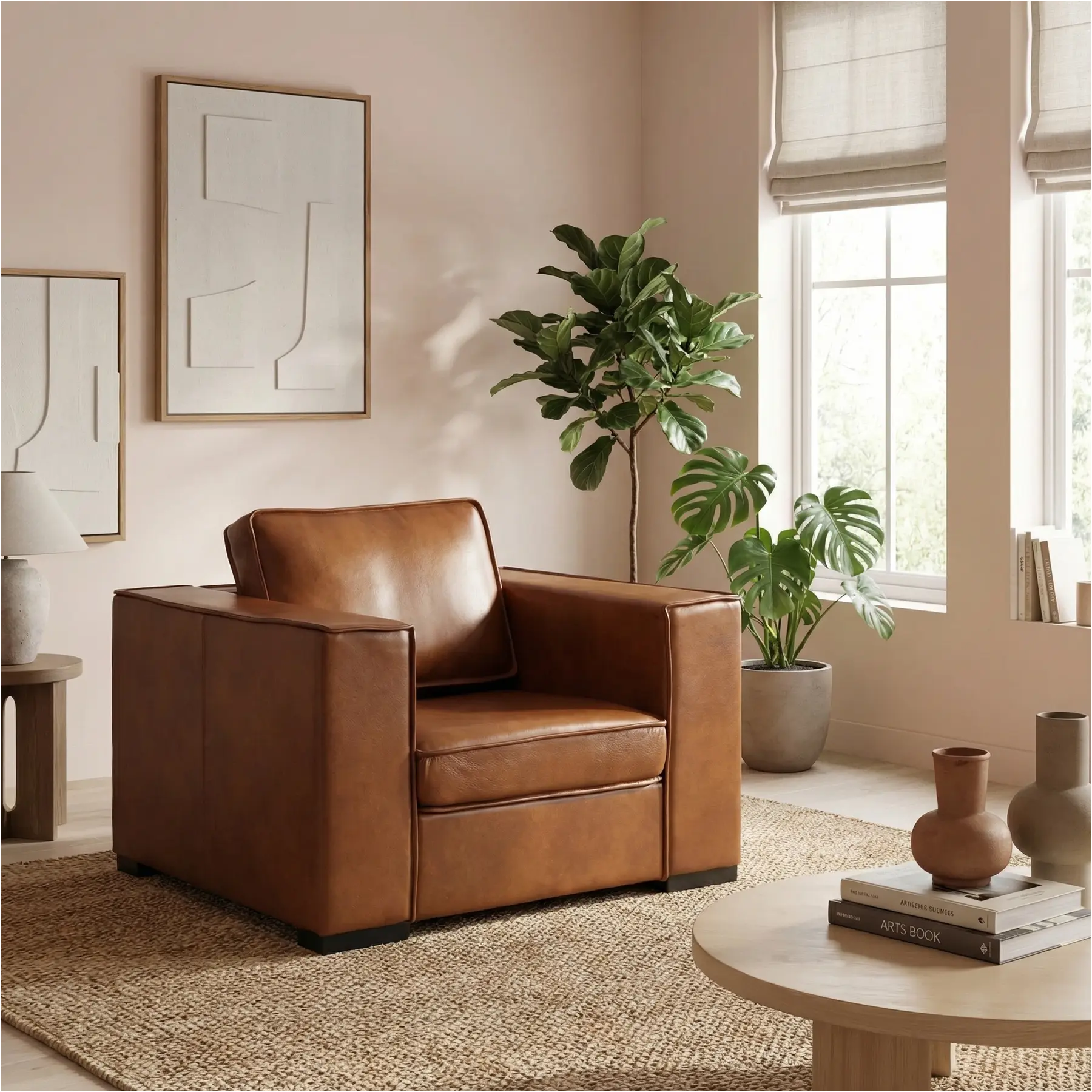 afbeelding van Leren fauteuil Fine - Granada Savannah (cognac) - Poten hout bruin