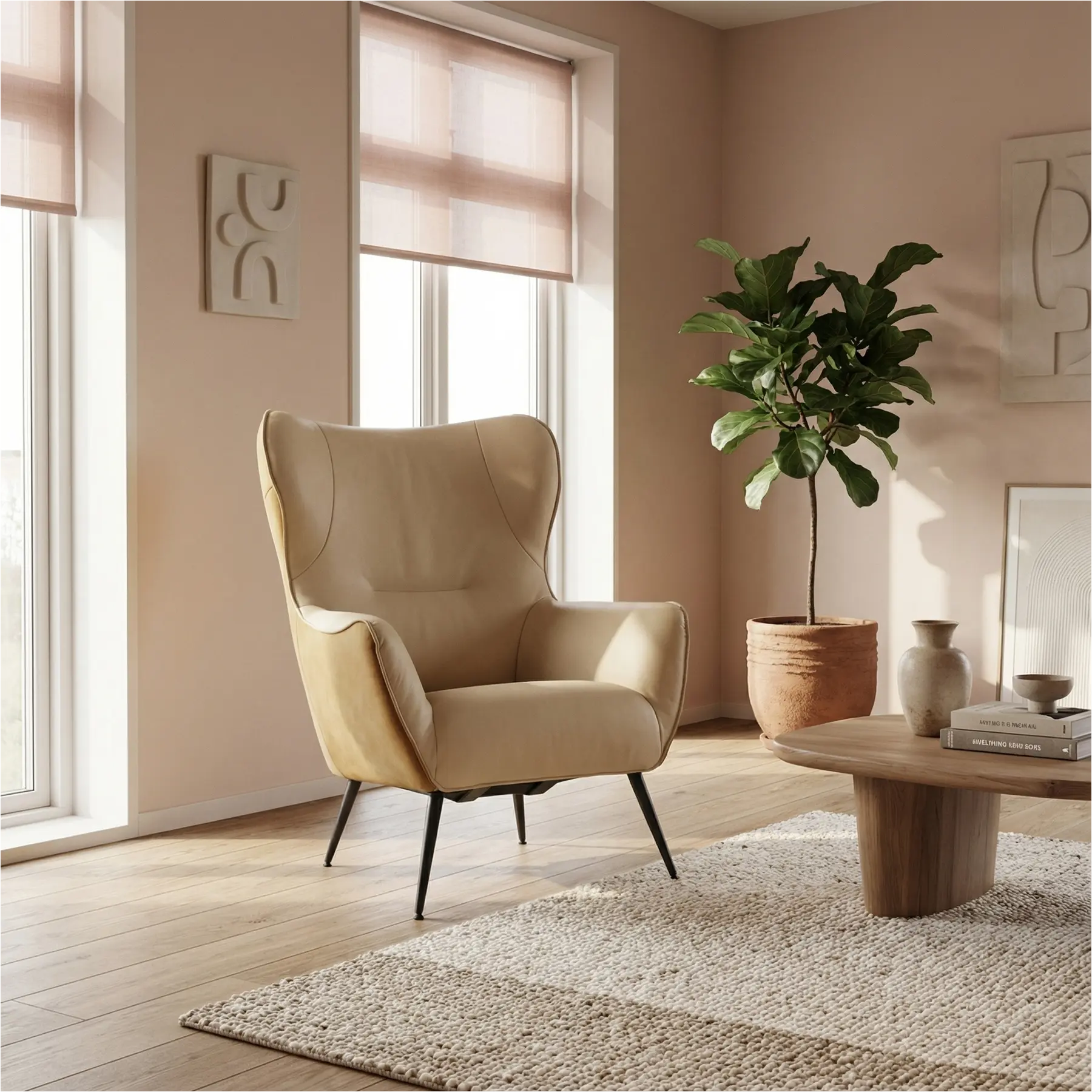 afbeelding van Leren fauteuil Flair Duo - Kenia Walnut en Toledo Kalahari - Poten staal rond zwart