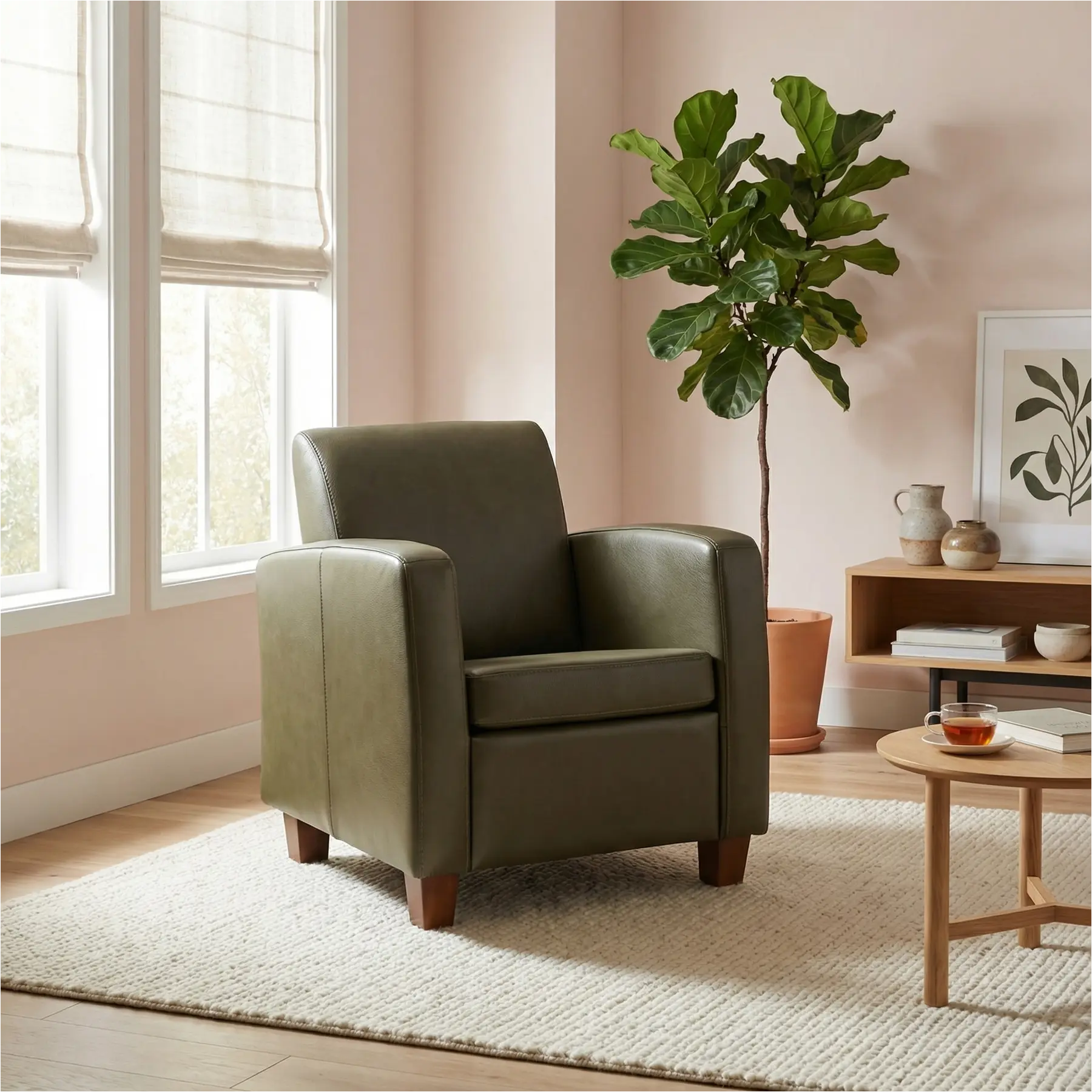 afbeelding van Leren fauteuil Joy - Elegance Green (donkergroen) - Poten hout bruin