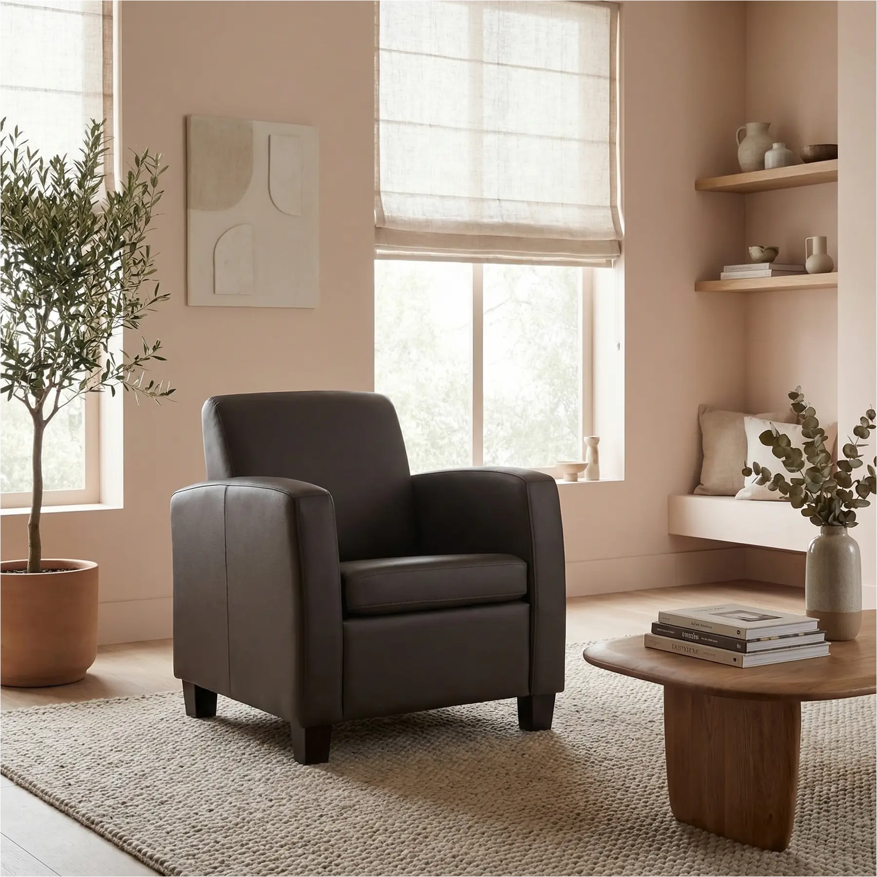 afbeelding van Leren fauteuil Joy - Hermes Caffe (donkerbruin) - Poten hout zwart