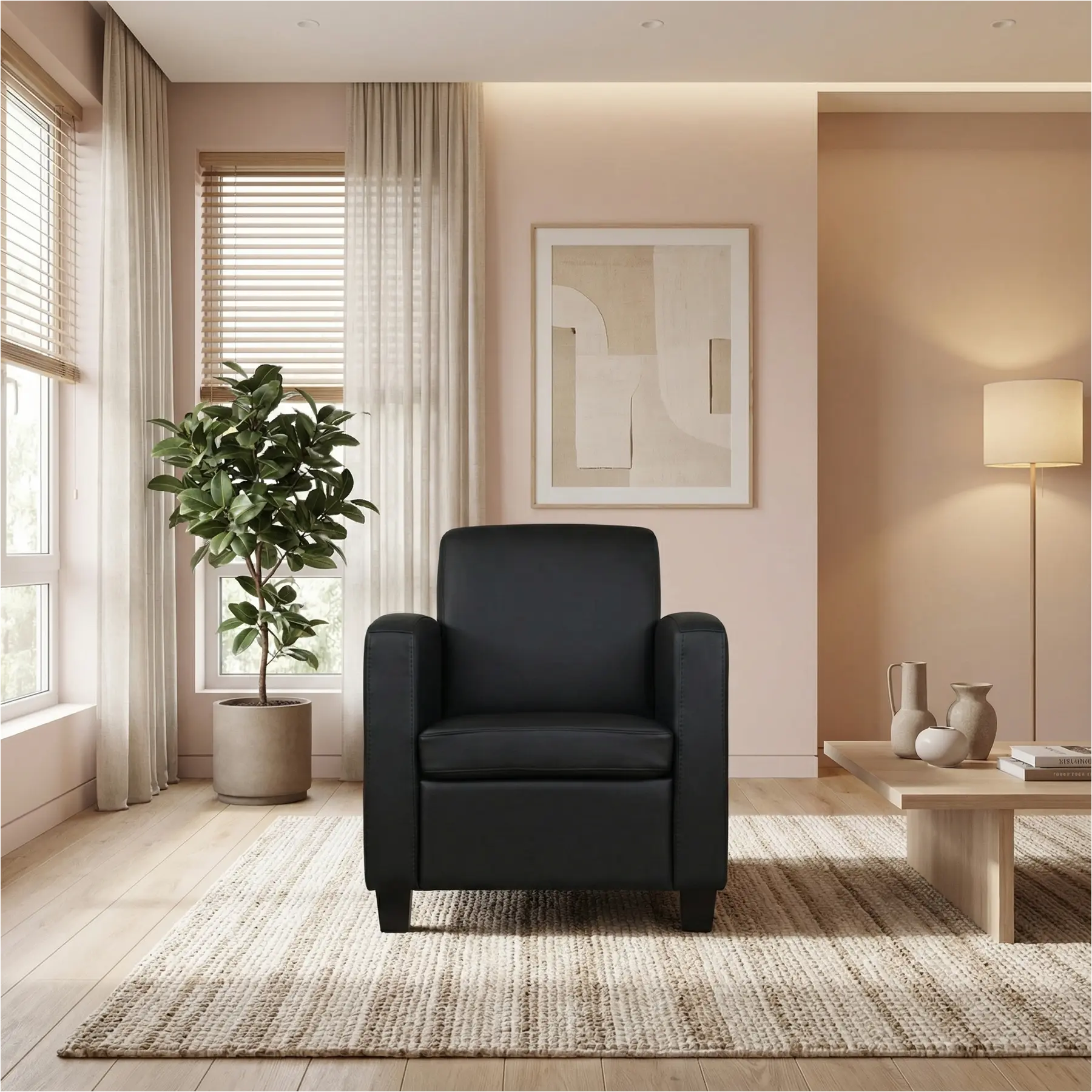 afbeelding van Leren fauteuil Joy - Hermes Nero (zwart) - Poten hout bruin