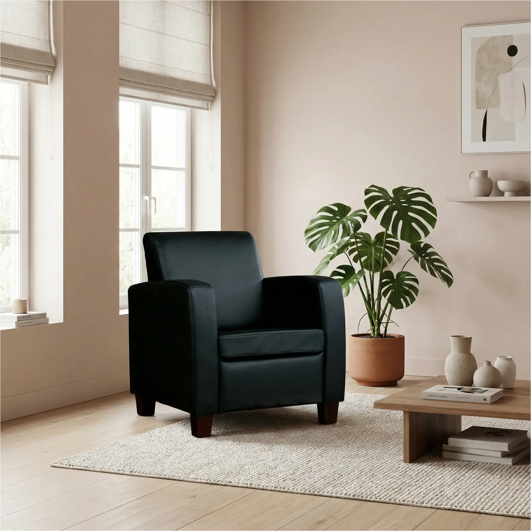 afbeelding van Leren fauteuil Joy - Hermes Nero (zwart) - Poten hout zwart