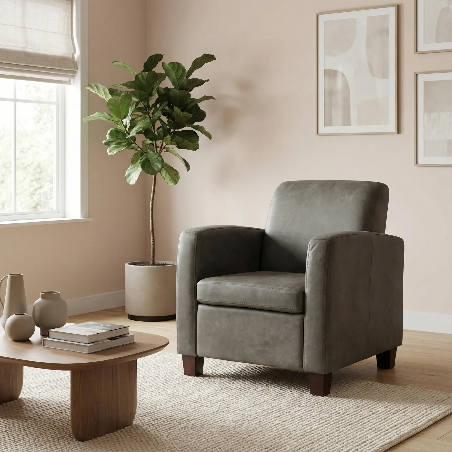 afbeelding van Leren fauteuil Joy - Kenia Antracite (grijs) - Poten hout zwart