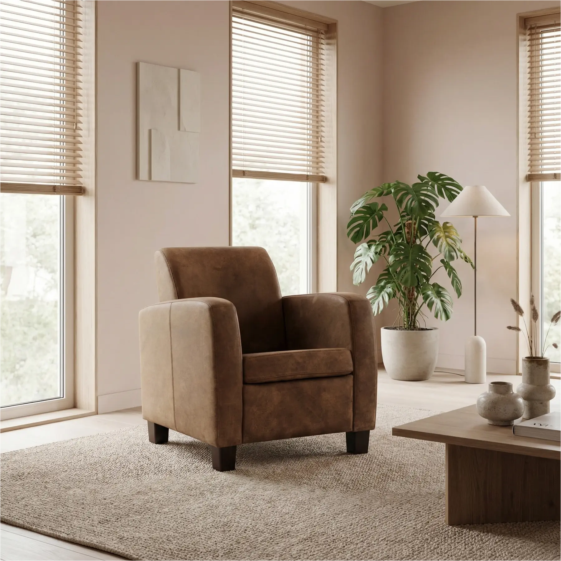 afbeelding van Leren fauteuil Joy - Kenia Brown (bruin) - Poten hout bruin