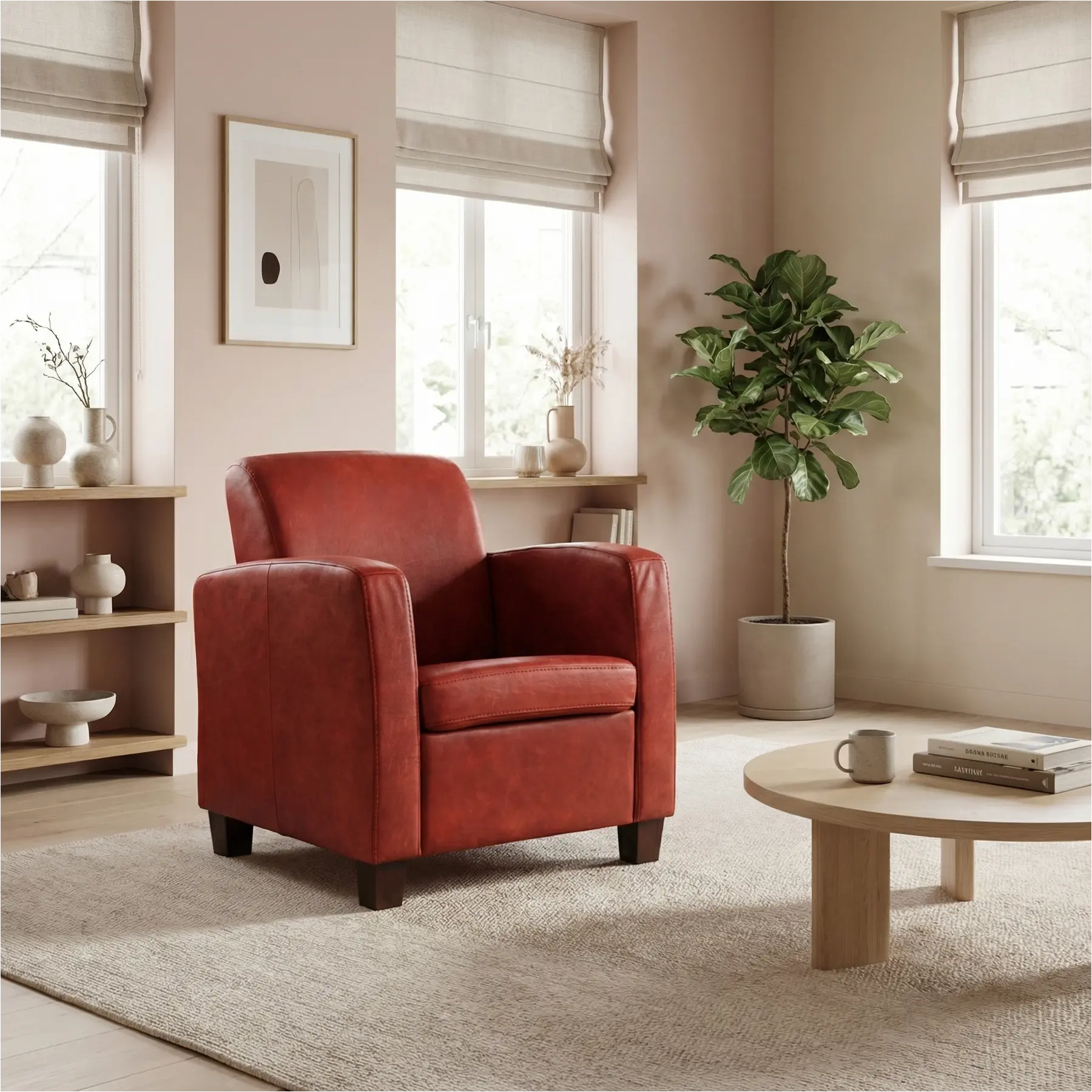 afbeelding van Leren fauteuil Joy - Kenia Burgundy (rood) - Poten hout bruin