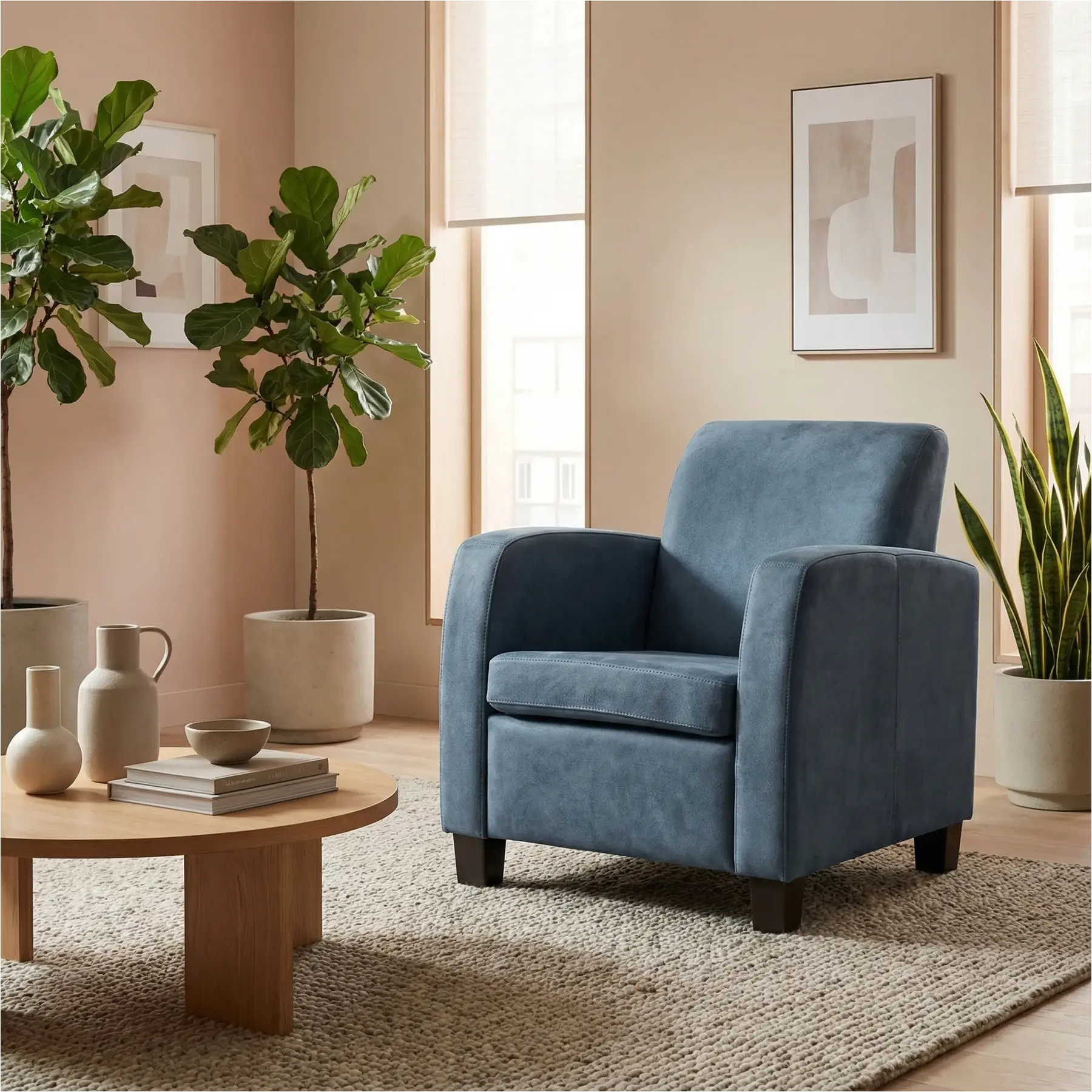 afbeelding van Leren fauteuil Joy - Kenia Denim (blauw) - Poten hout zwart