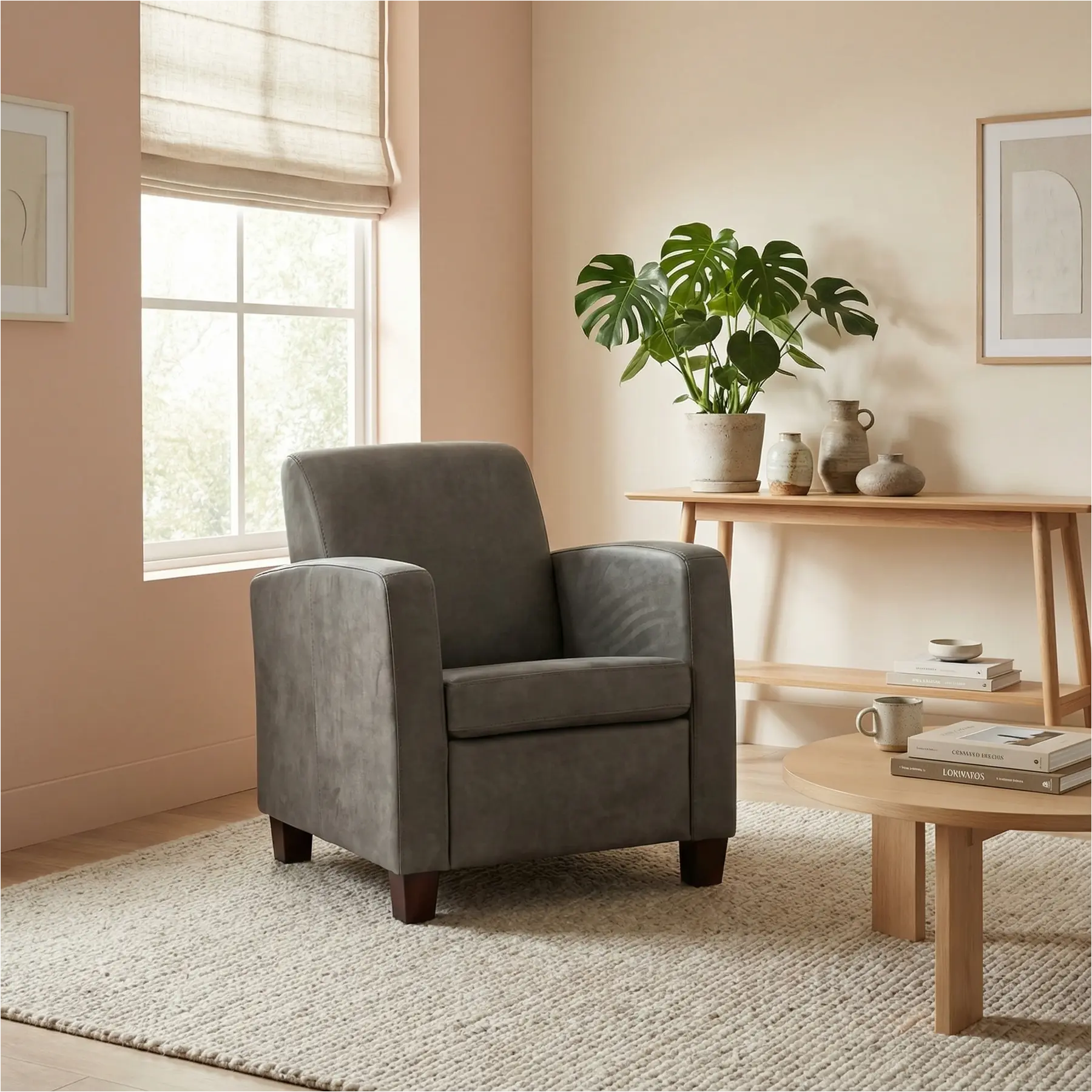 afbeelding van Leren fauteuil Joy - Kenia Antracite (grijs) - Poten hout zwart