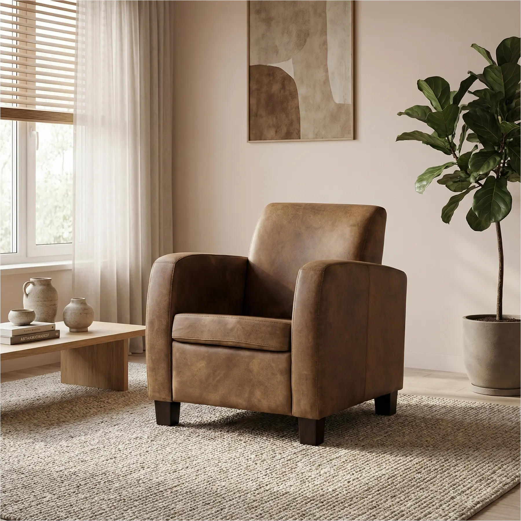 afbeelding van Leren fauteuil Joy - Kenia Brown (bruin) - Poten hout bruin
