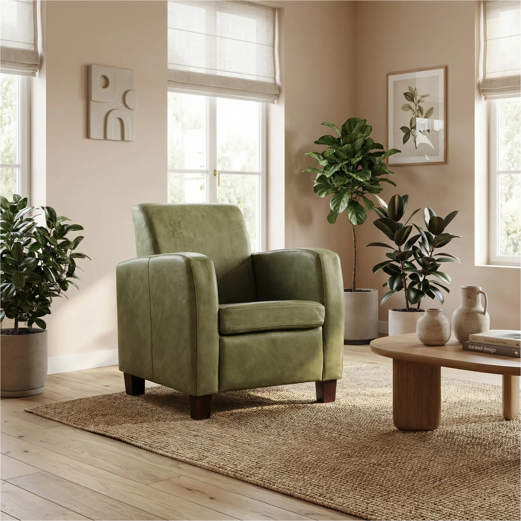 afbeelding van Leren fauteuil Joy - Kenia Olive (olijf) - Poten hout bruin