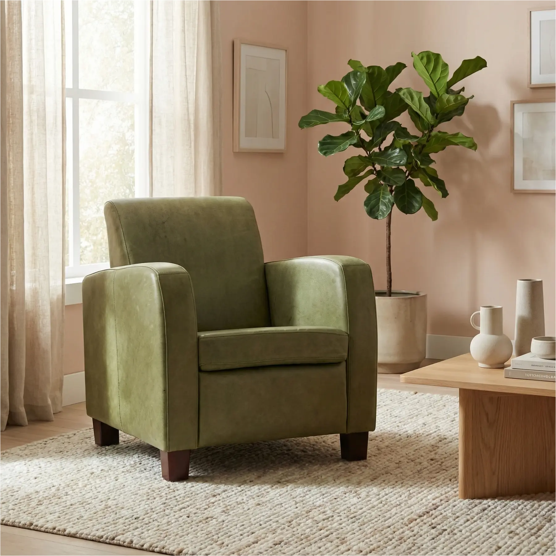 afbeelding van Leren fauteuil Joy - Kenia Olive (olijf) - Poten hout zwart