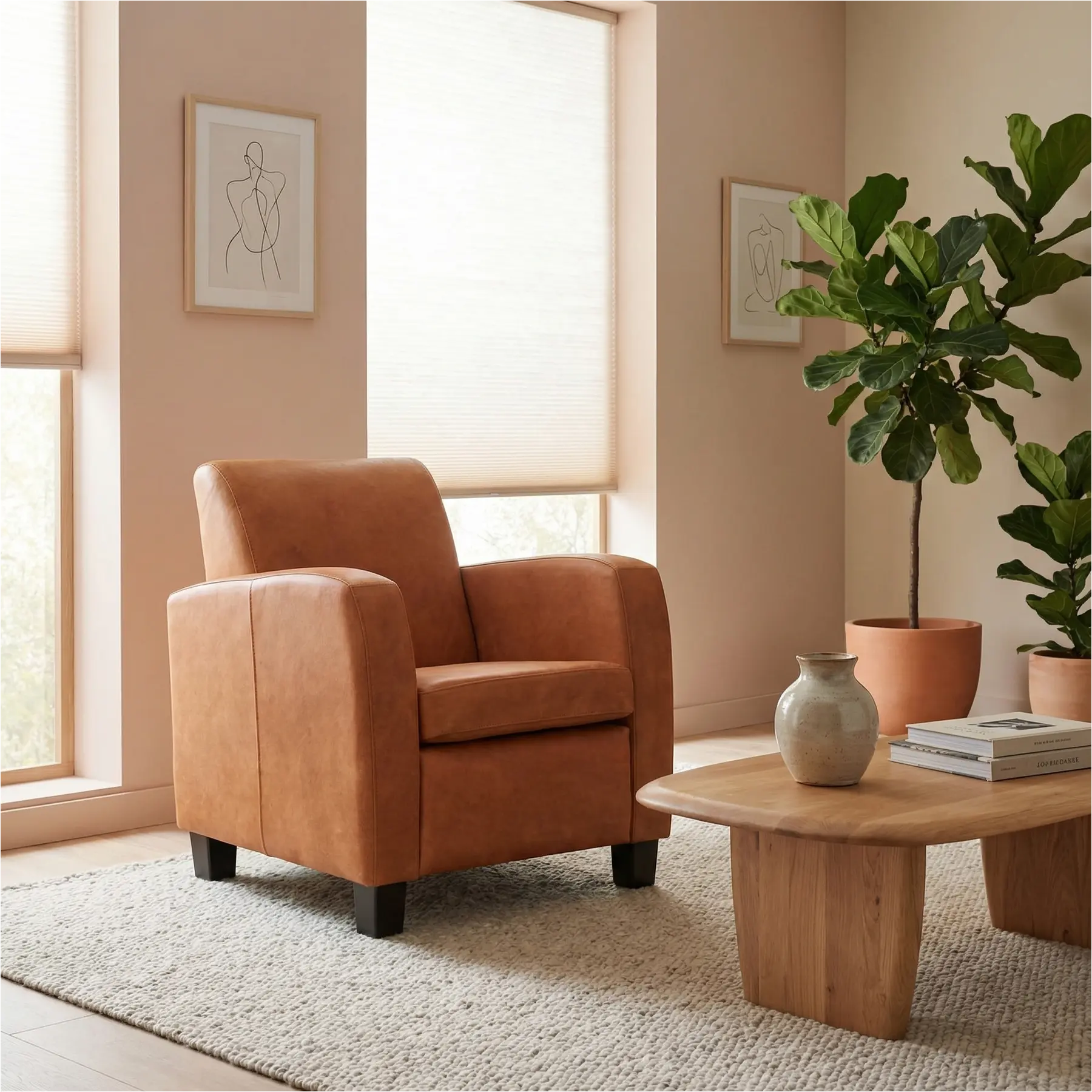 afbeelding van Leren fauteuil Joy - Kenia Rost (oranje) - Poten hout bruin