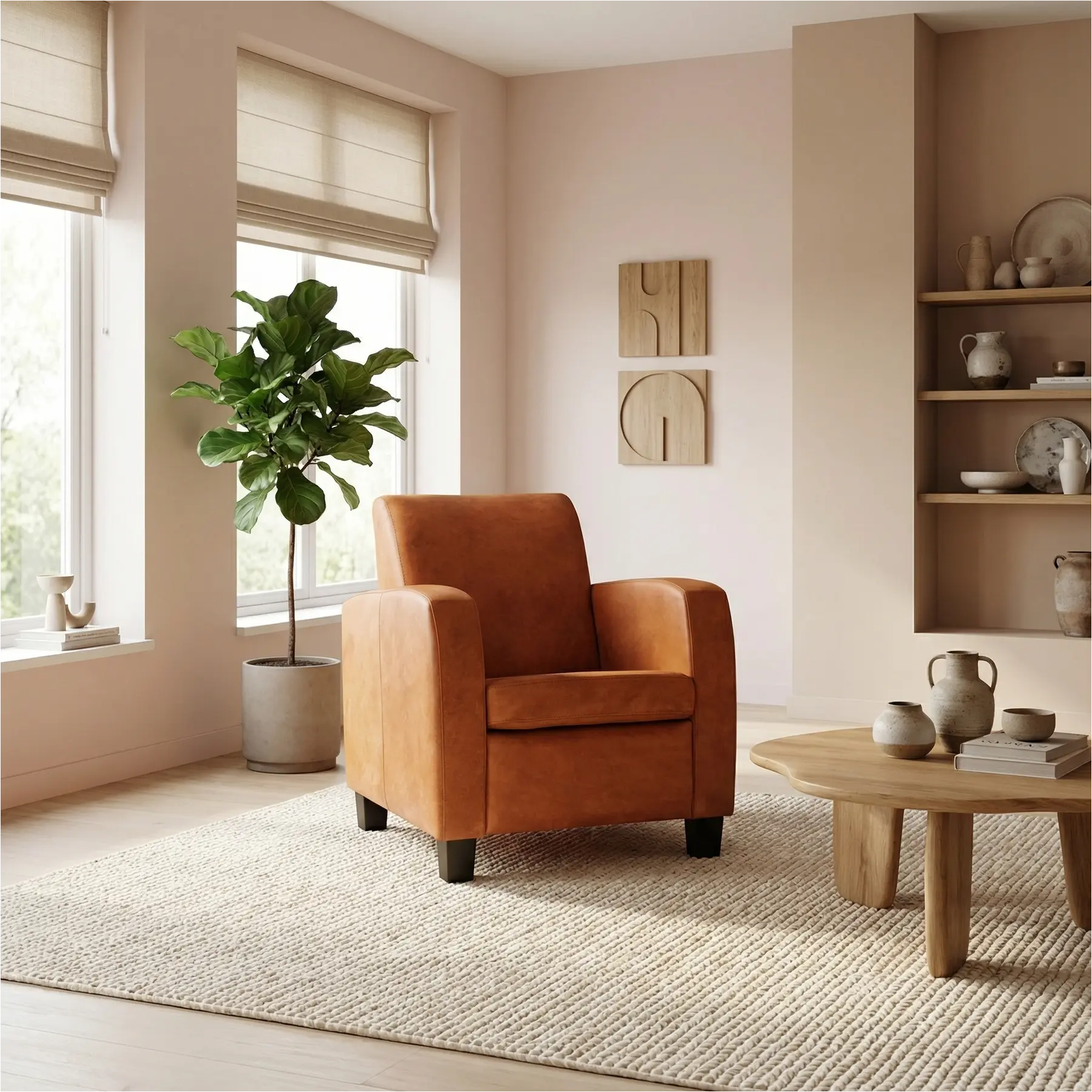 afbeelding van Leren fauteuil Joy - Kenia Rost (oranje) - Poten hout zwart