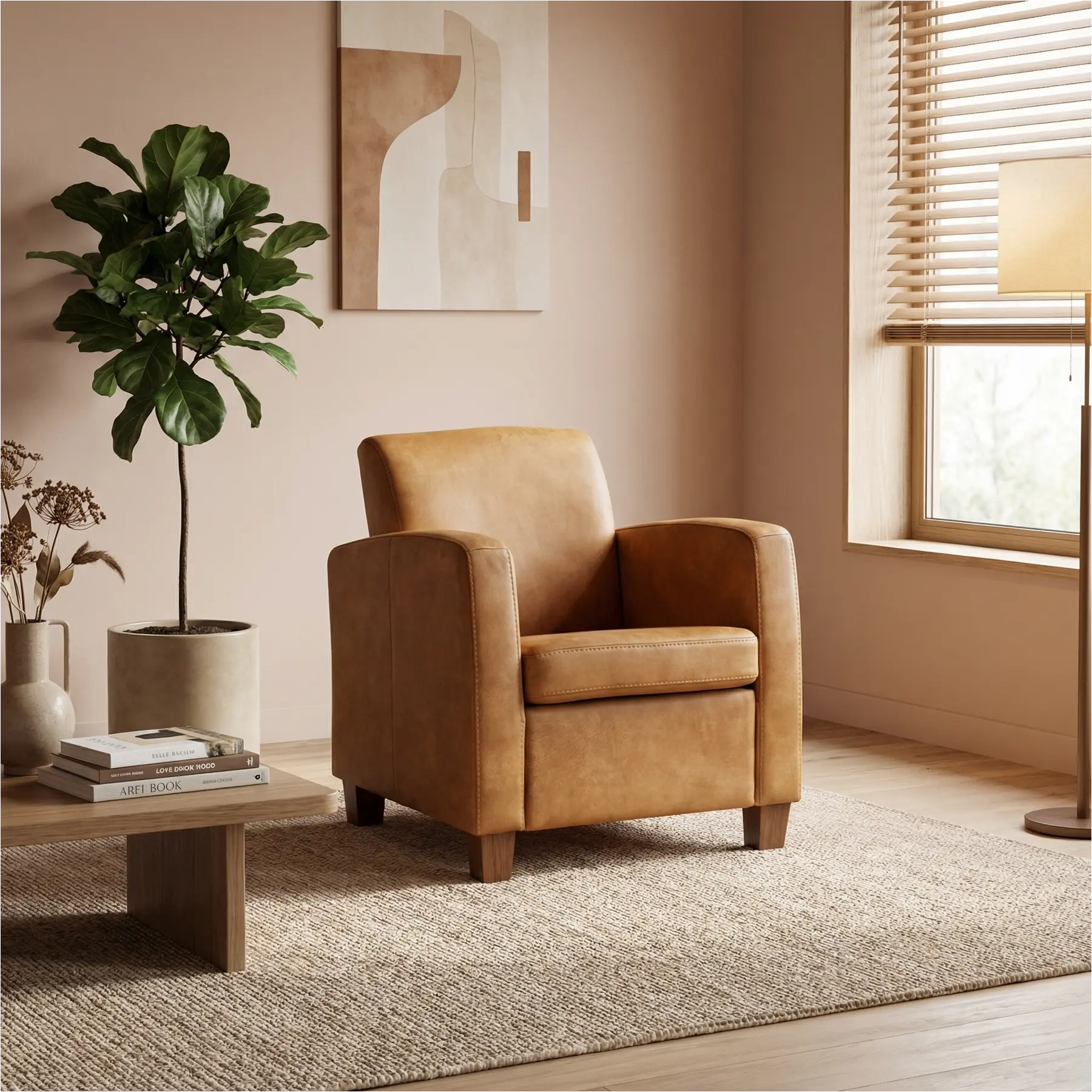 afbeelding van Leren fauteuil Joy - Kenia Walnut (cognac) - Poten hout bruin