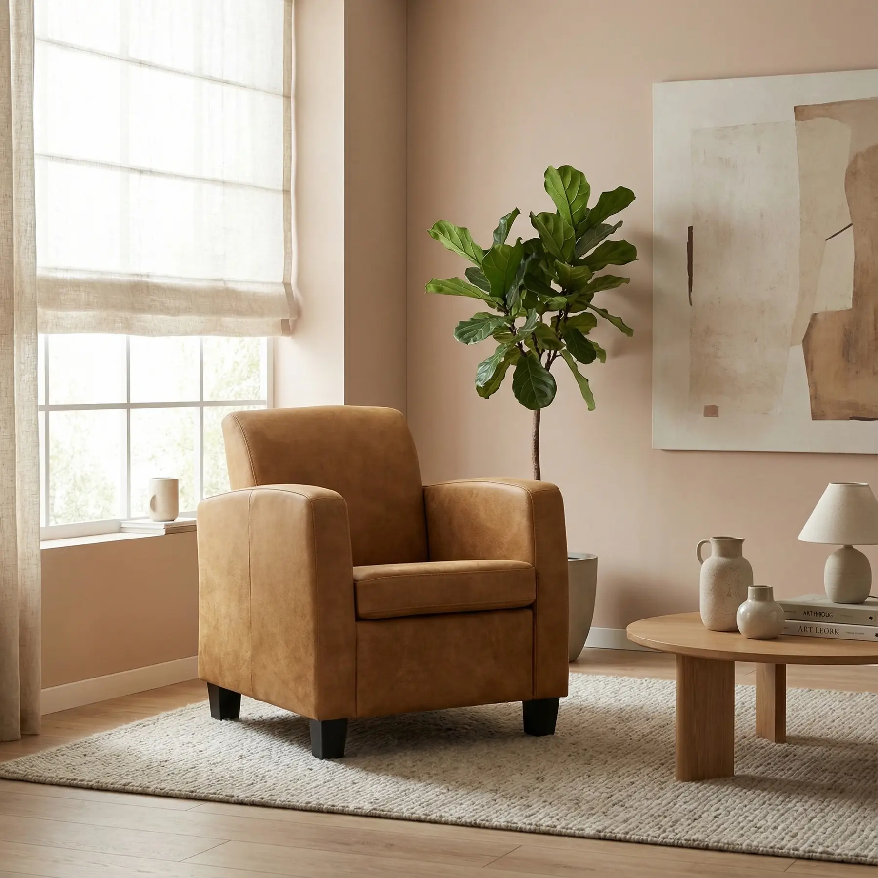 afbeelding van Leren fauteuil Joy - Kenia Walnut (cognac) - Poten hout zwart