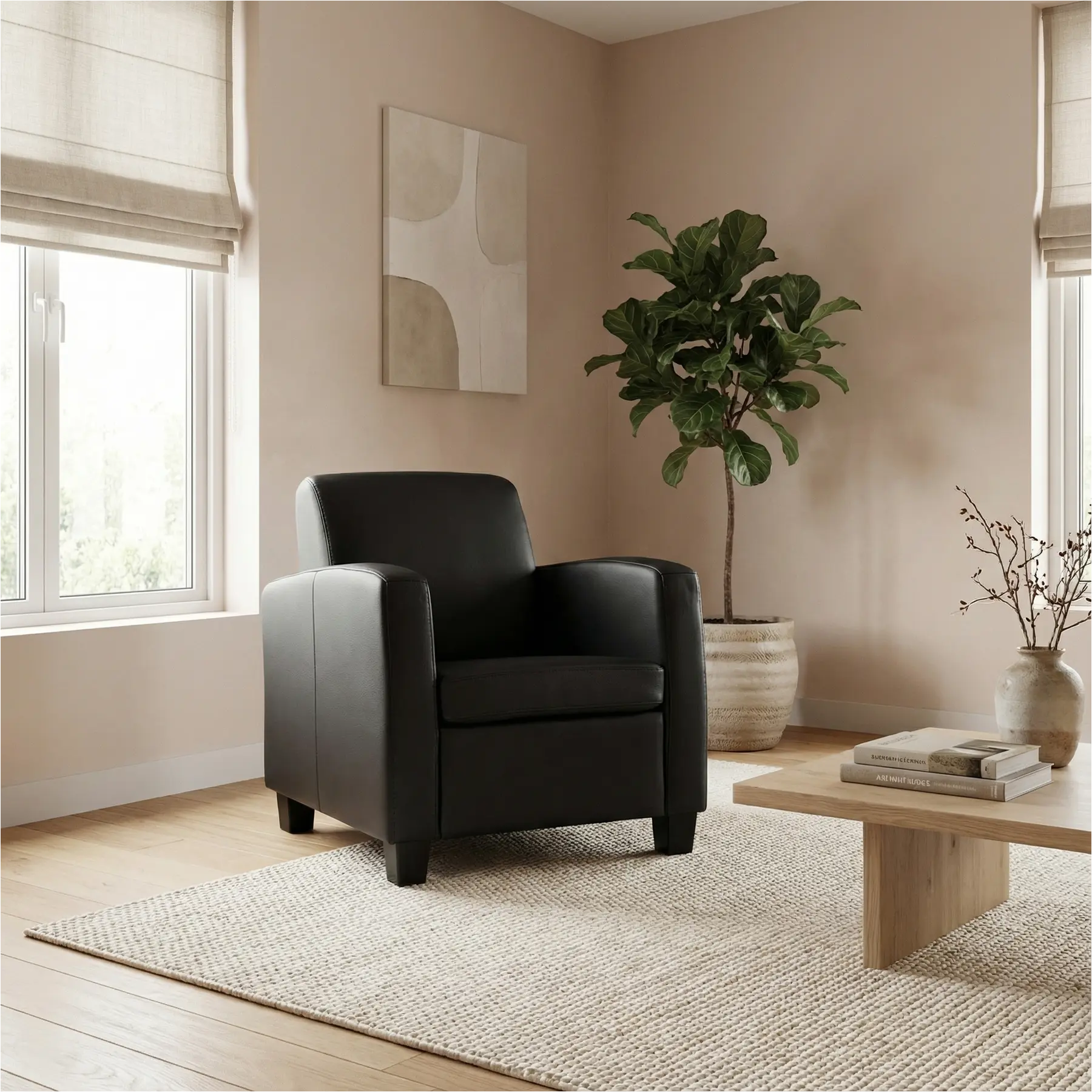 afbeelding van Leren fauteuil Joy - Massif Nero (zwart) - Poten hout bruin