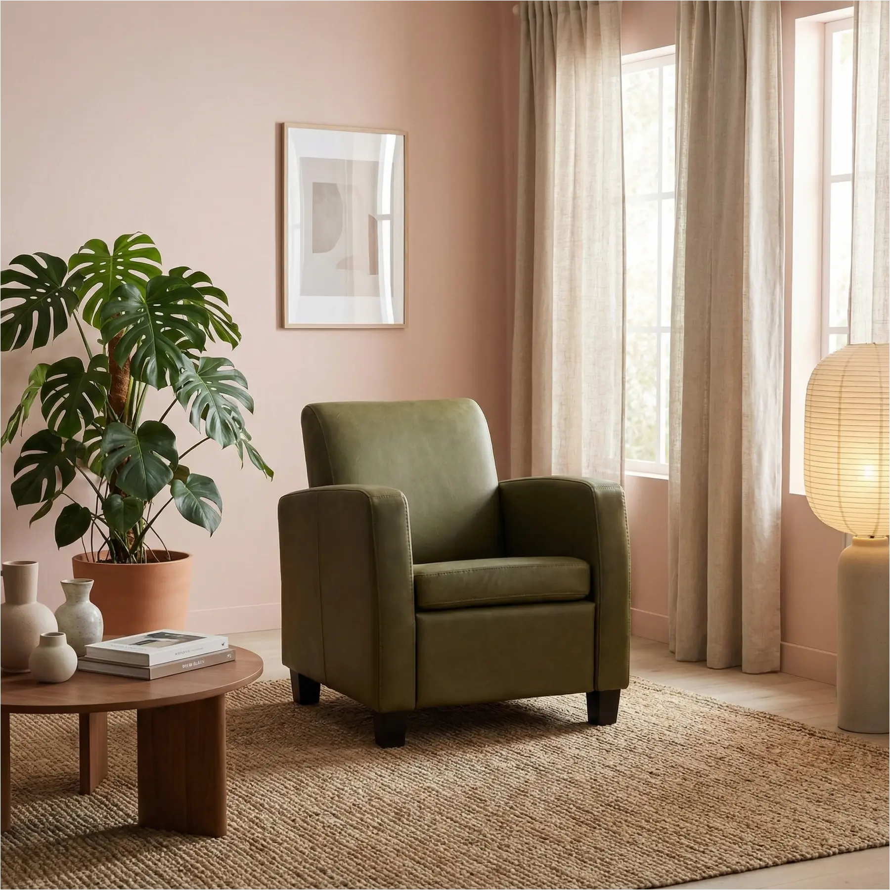 afbeelding van Leren fauteuil Joy - Rancho Green (olijf/groen) - Poten hout zwart