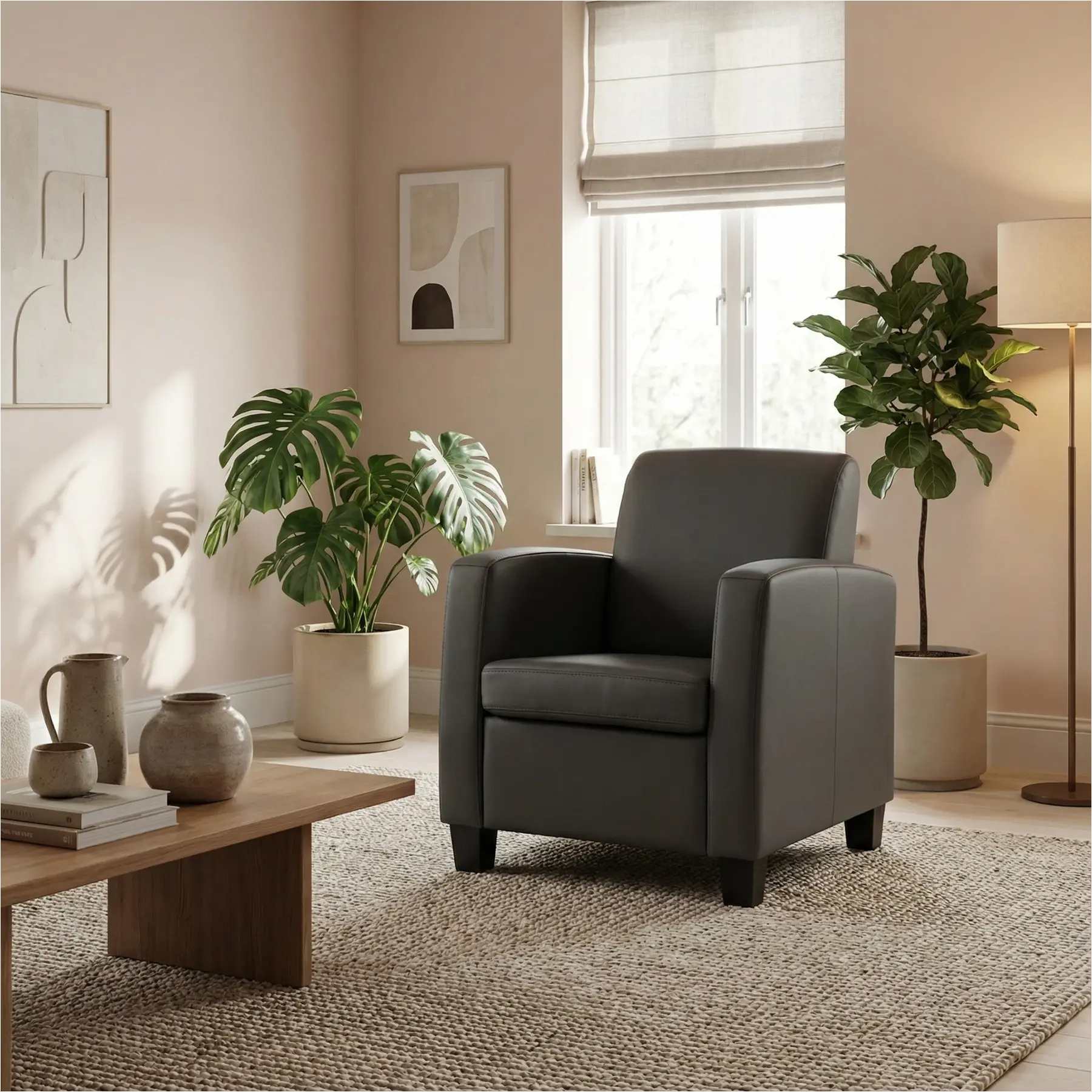 afbeelding van Leren fauteuil Joy - Toledo Antracite (donkergrijs) - Poten hout bruin