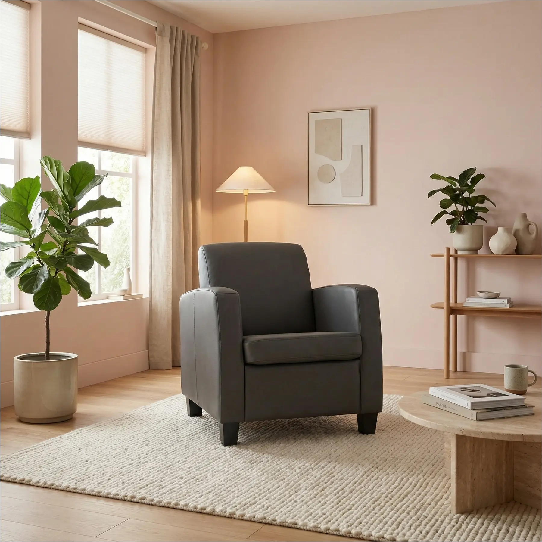 afbeelding van Leren fauteuil Joy - Toledo Antracite (donkergrijs) - Poten hout zwart