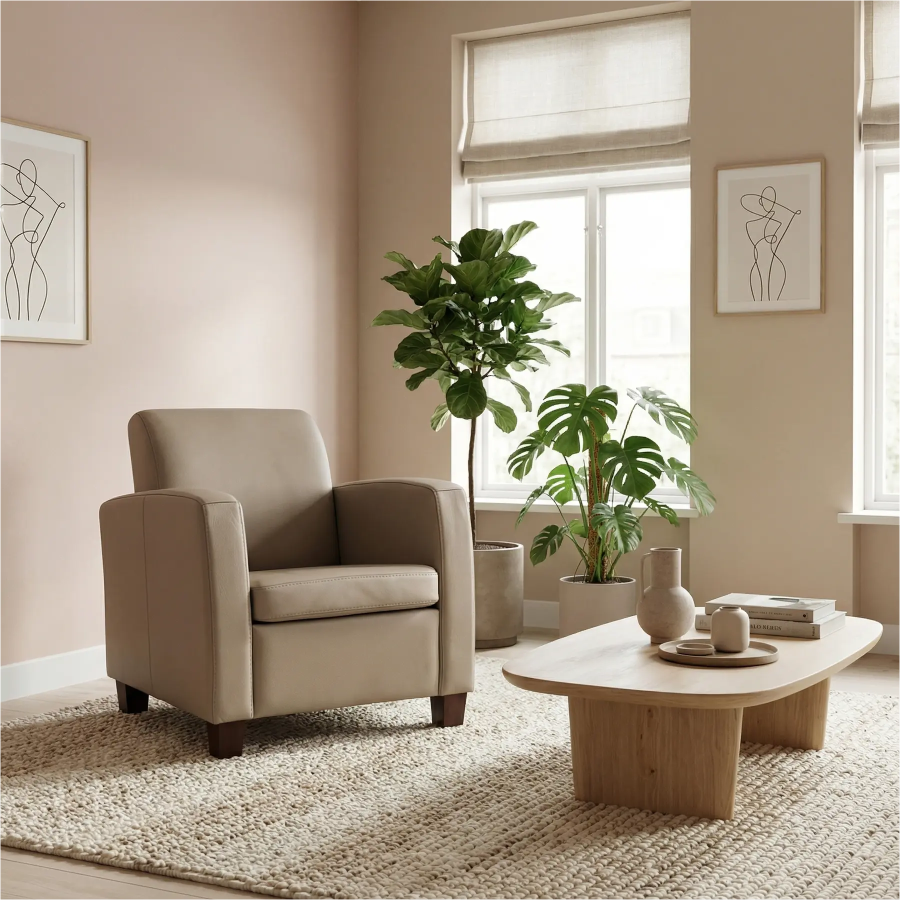 afbeelding van Leren fauteuil Joy - Toledo Khaki (taupe/bruin) - Poten hout bruin