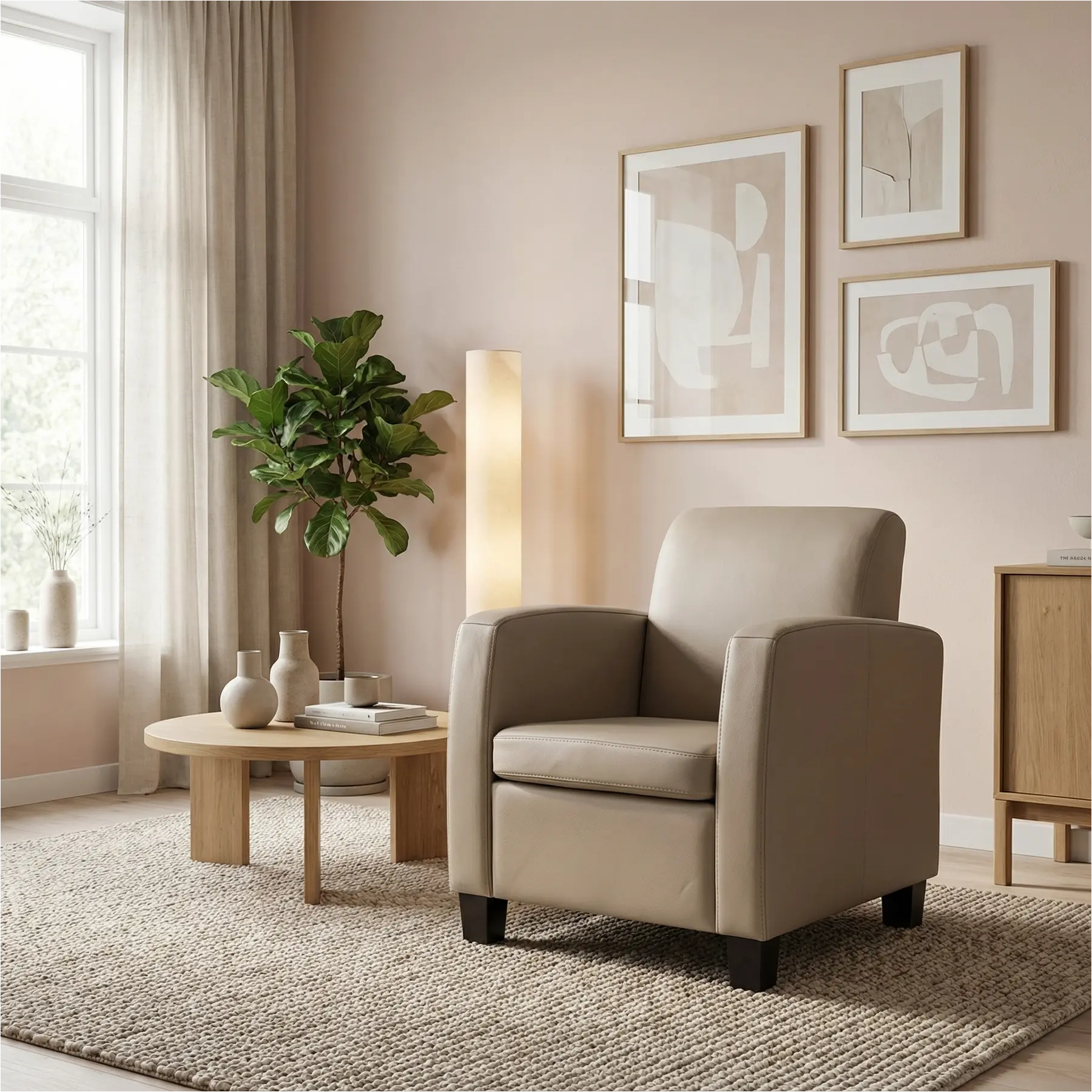 afbeelding van Leren fauteuil Joy - Toledo Khaki (taupe/bruin) - Poten hout zwart