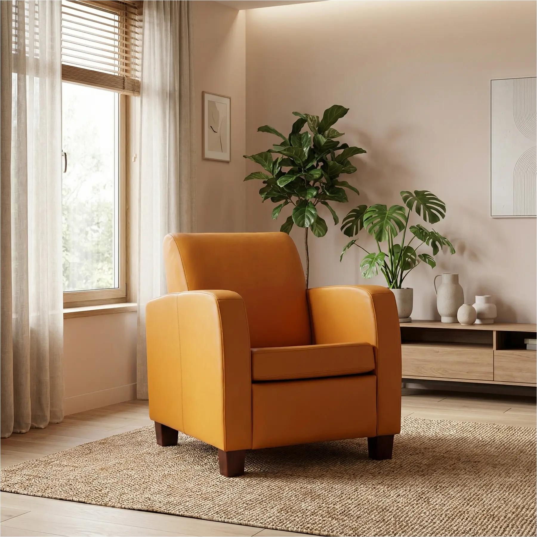 afbeelding van Leren fauteuil Joy - Toledo Leem (geel/bruin) - Poten hout bruin