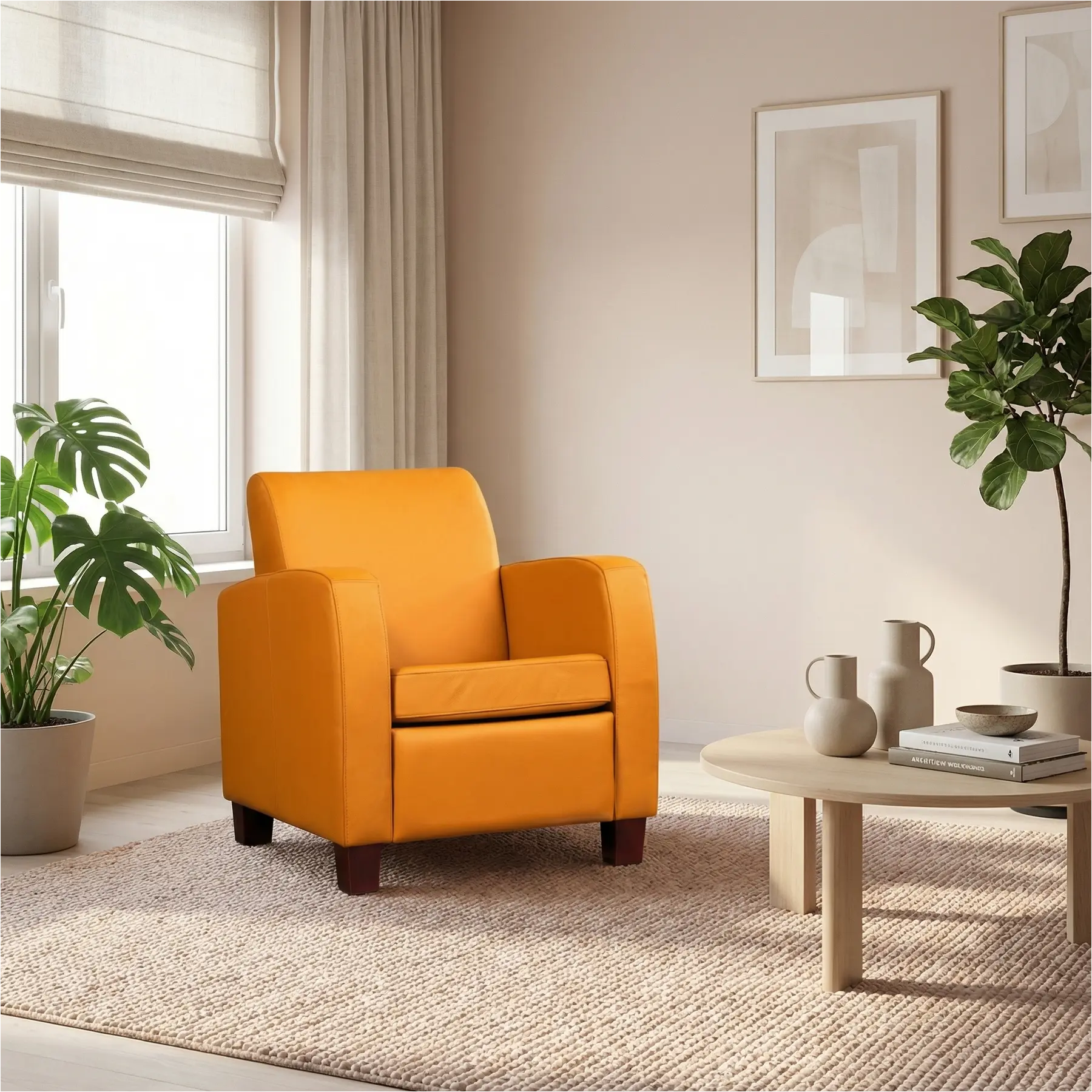 afbeelding van Leren fauteuil Joy - Toledo Leem (geel/bruin) - Poten hout zwart