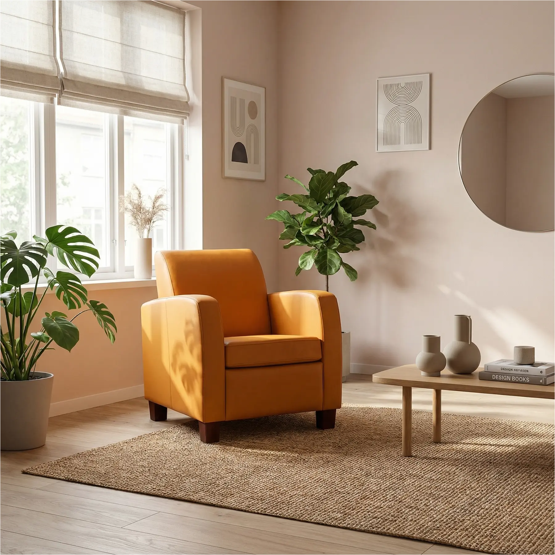 afbeelding van Leren fauteuil Joy - Toledo Leem (geel/bruin) - Poten hout zwart