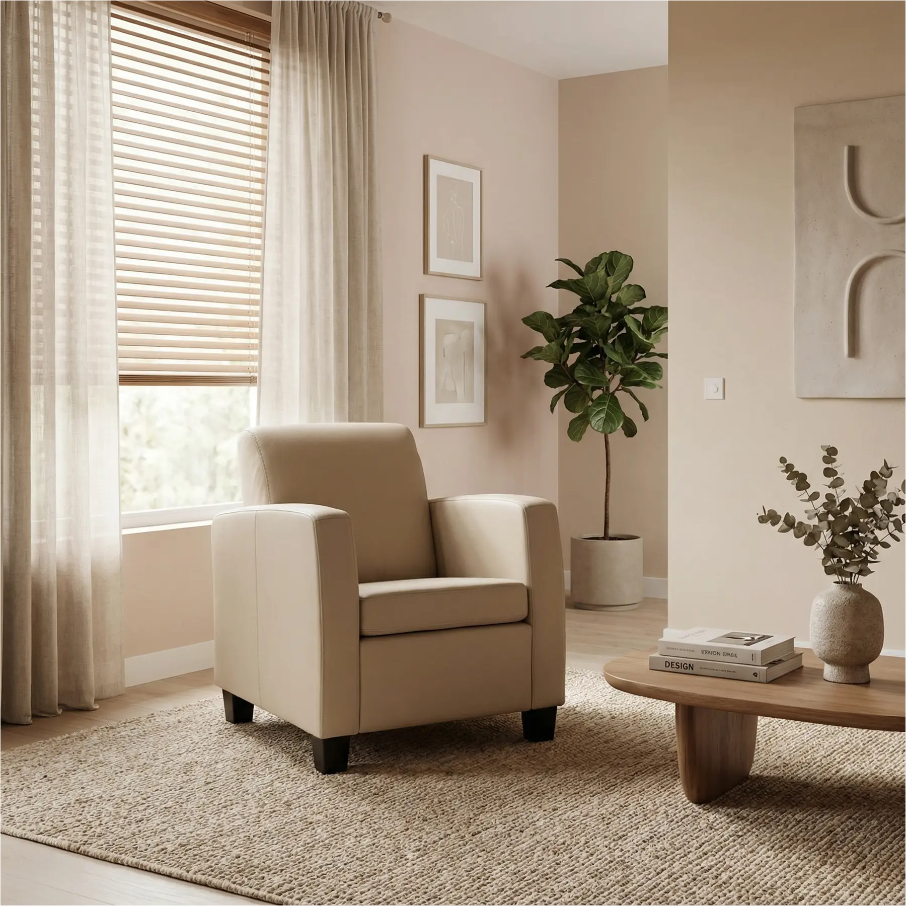 afbeelding van Leren fauteuil Joy - Toledo Mastic (taupe/bruin) - Poten hout bruin