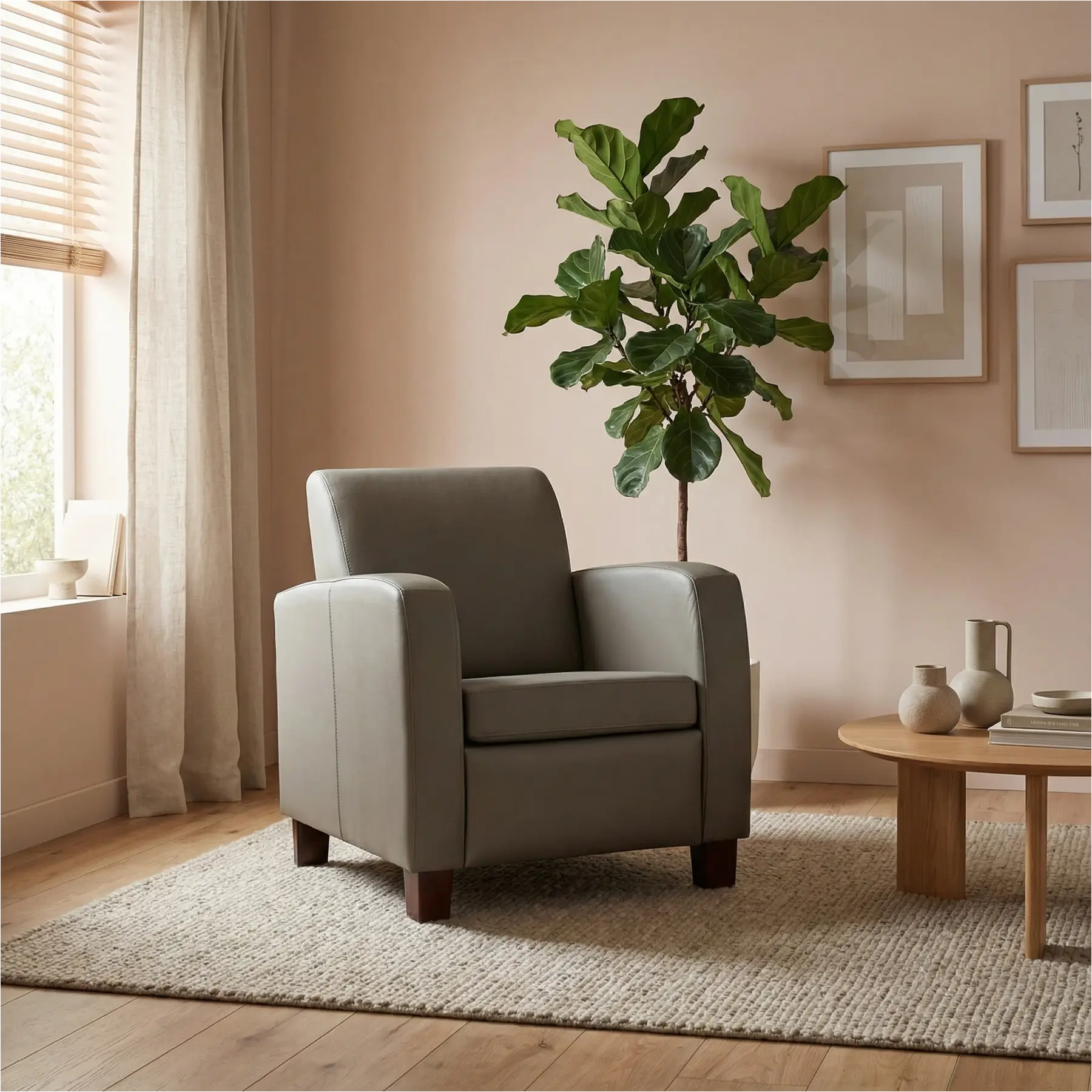 afbeelding van Leren fauteuil Joy - Toledo Smog (grijs) - Poten hout bruin