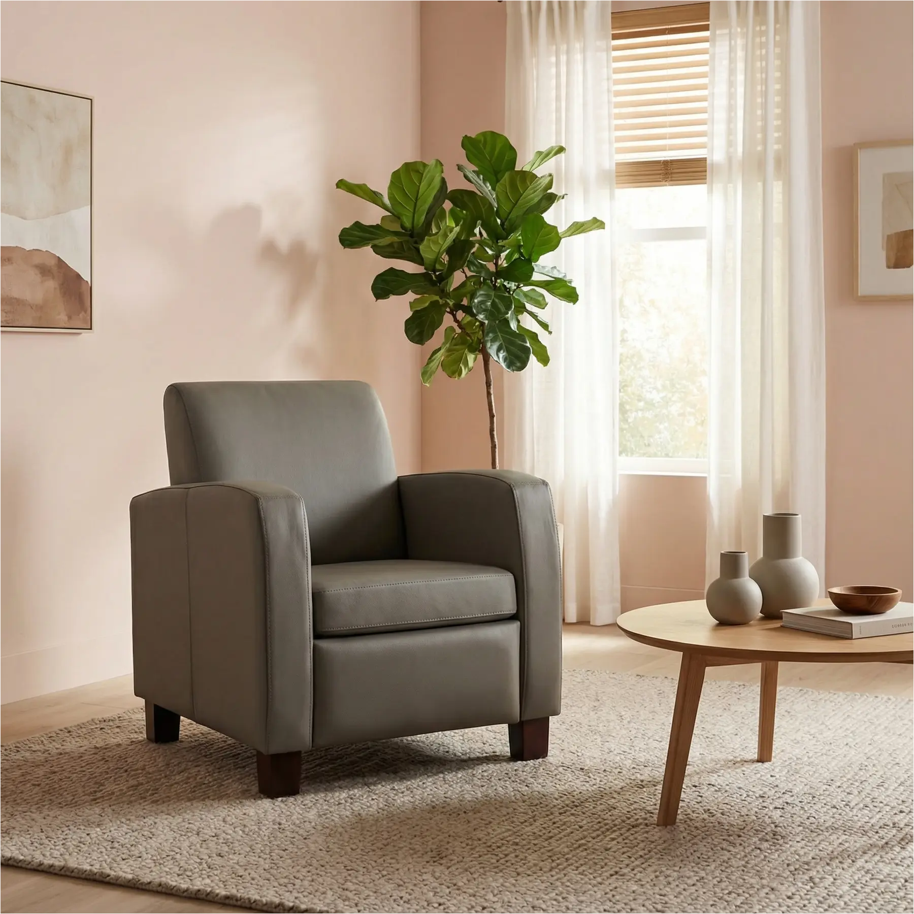 afbeelding van Leren fauteuil Joy - Toledo Smog (grijs) - Poten hout zwart