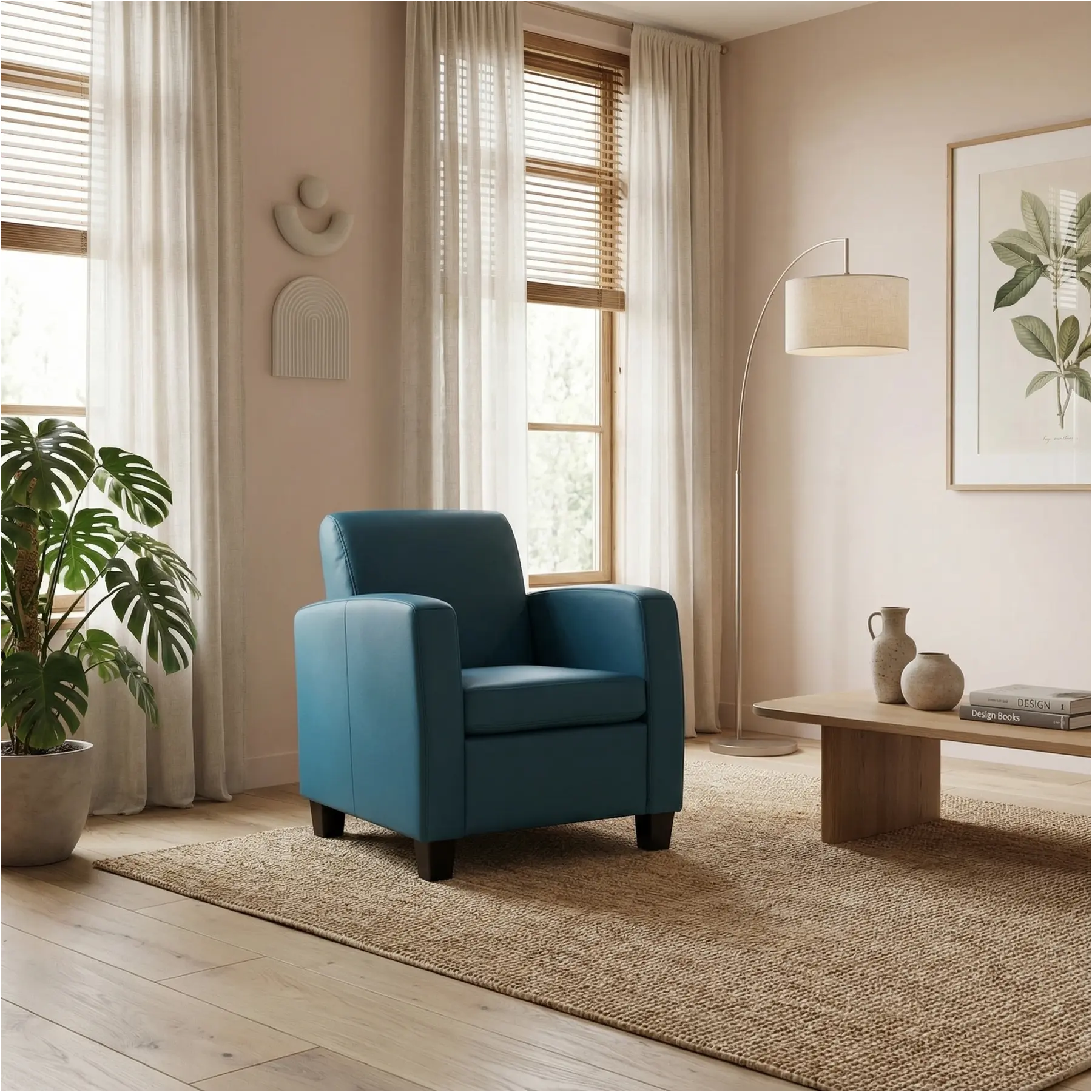 afbeelding van Leren fauteuil Joy - Toledo Turquoise (blauw) - Poten hout bruin