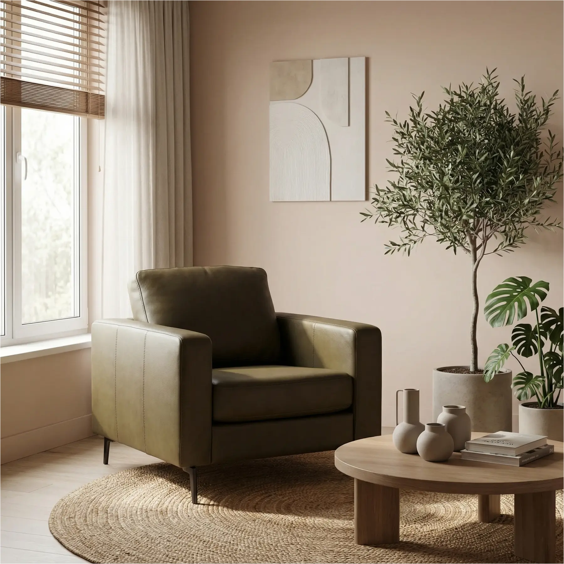 afbeelding van Leren fauteuil Match - Rancho Green (olijf/groen) - Poten staal zwart