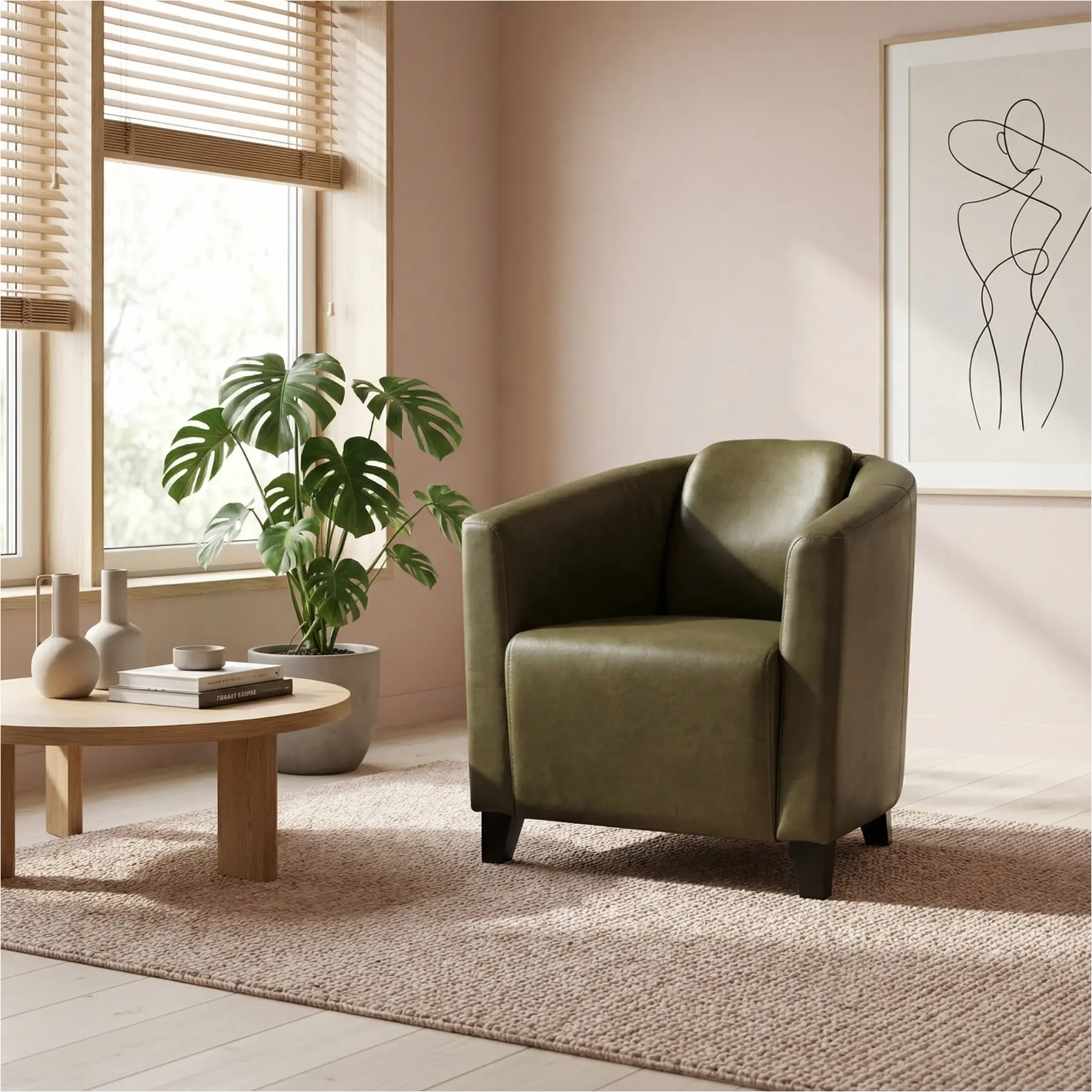 afbeelding van Leren fauteuil Press - Granada Moss (olijf/groen) - Poten hout zwart