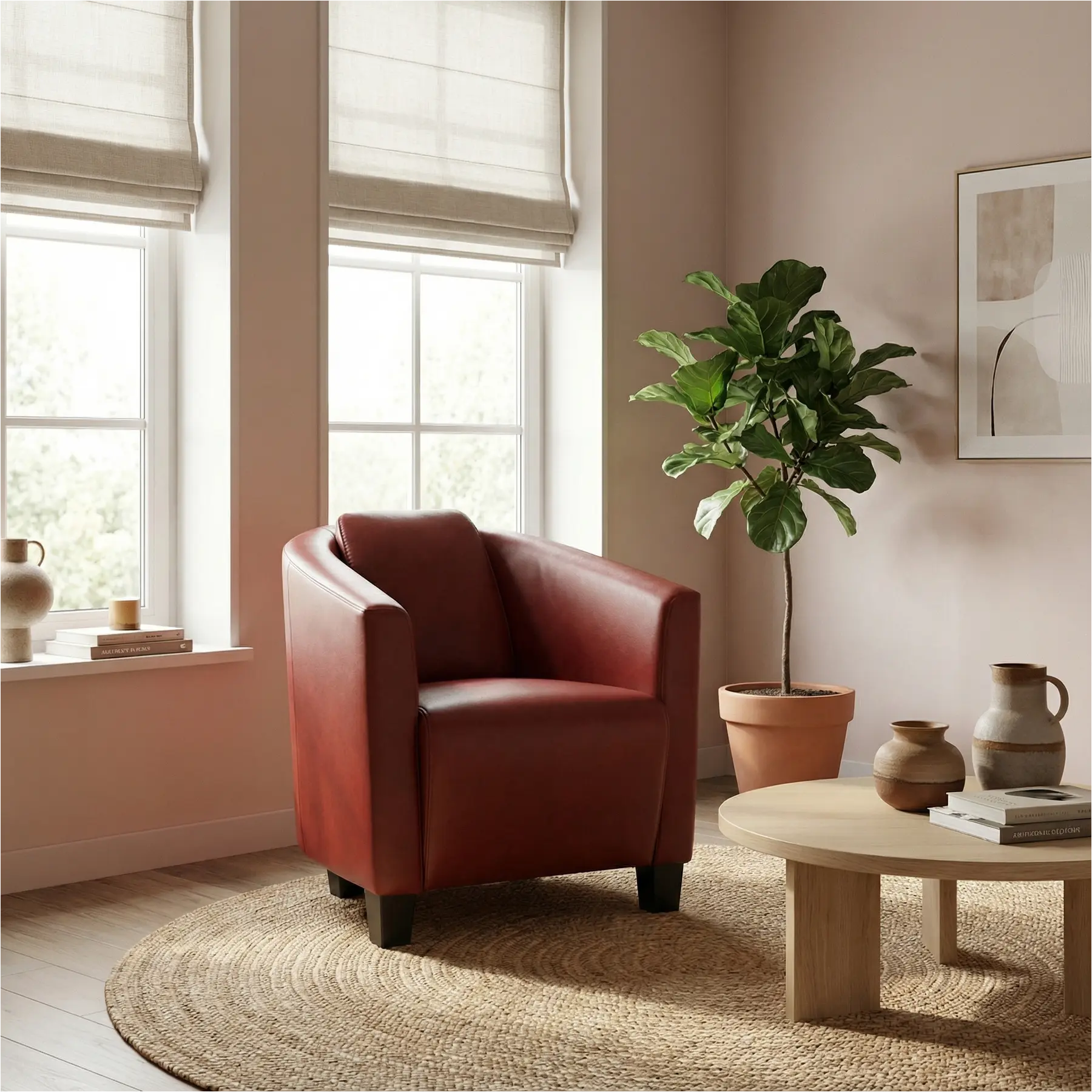 afbeelding van Leren fauteuil Press - Granada Rouge (rood) - Poten hout bruin