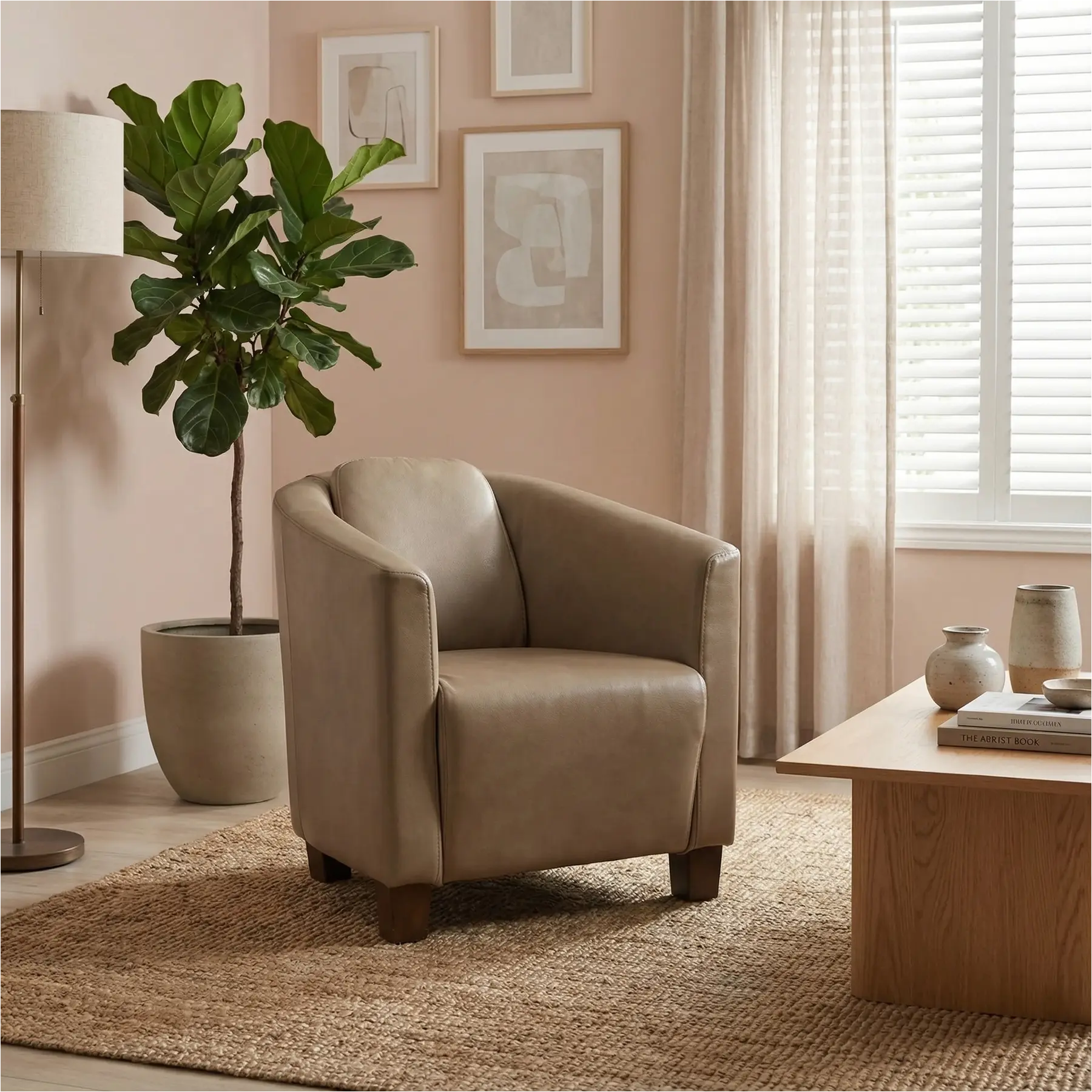 afbeelding van Leren fauteuil Press - Granada Taupe (taupe/bruin) - Poten hout bruin