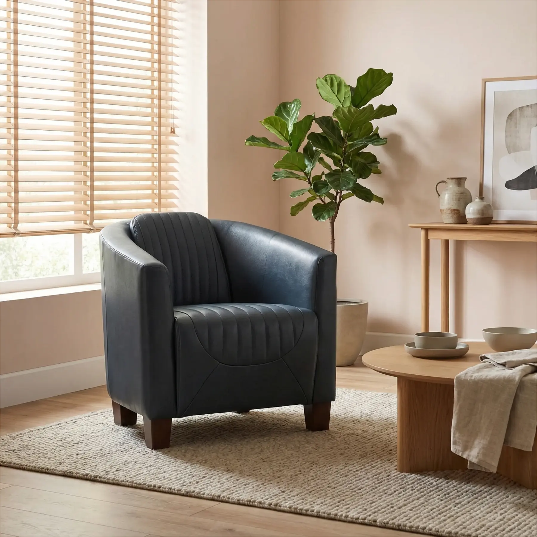 afbeelding van Leren fauteuil Press Special - Granada Blue (blauw) - Poten hout bruin