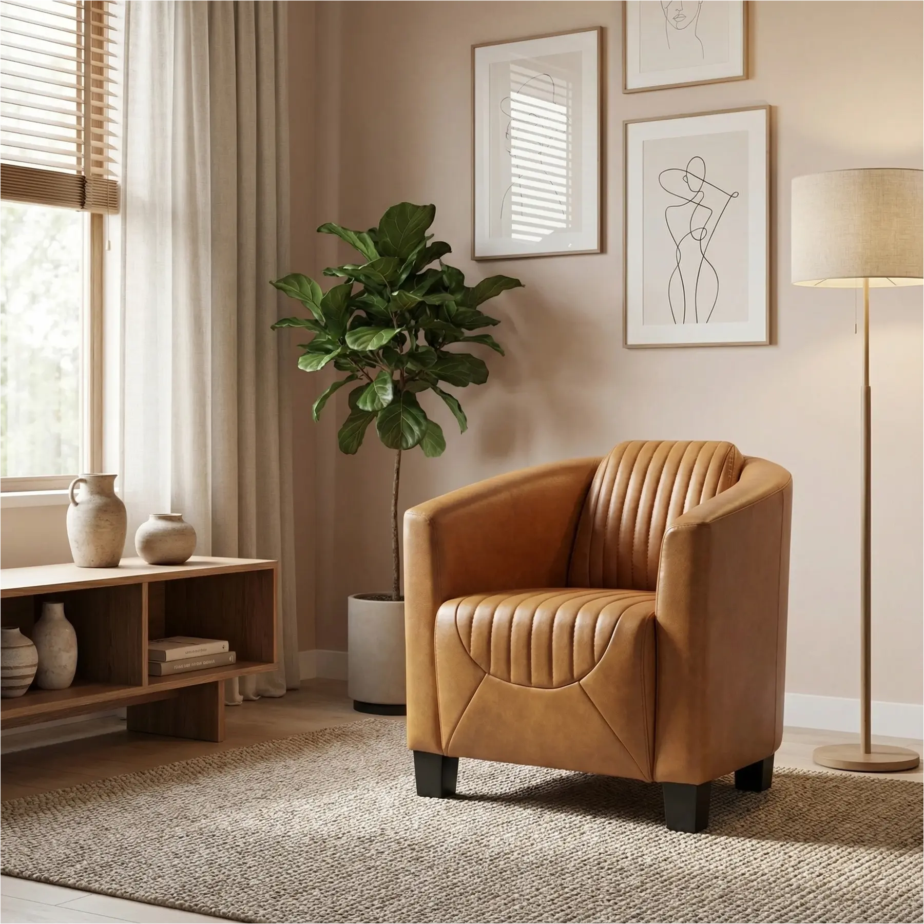 afbeelding van Leren fauteuil Press Special - Granada Sahara (cognac) - Poten hout zwart