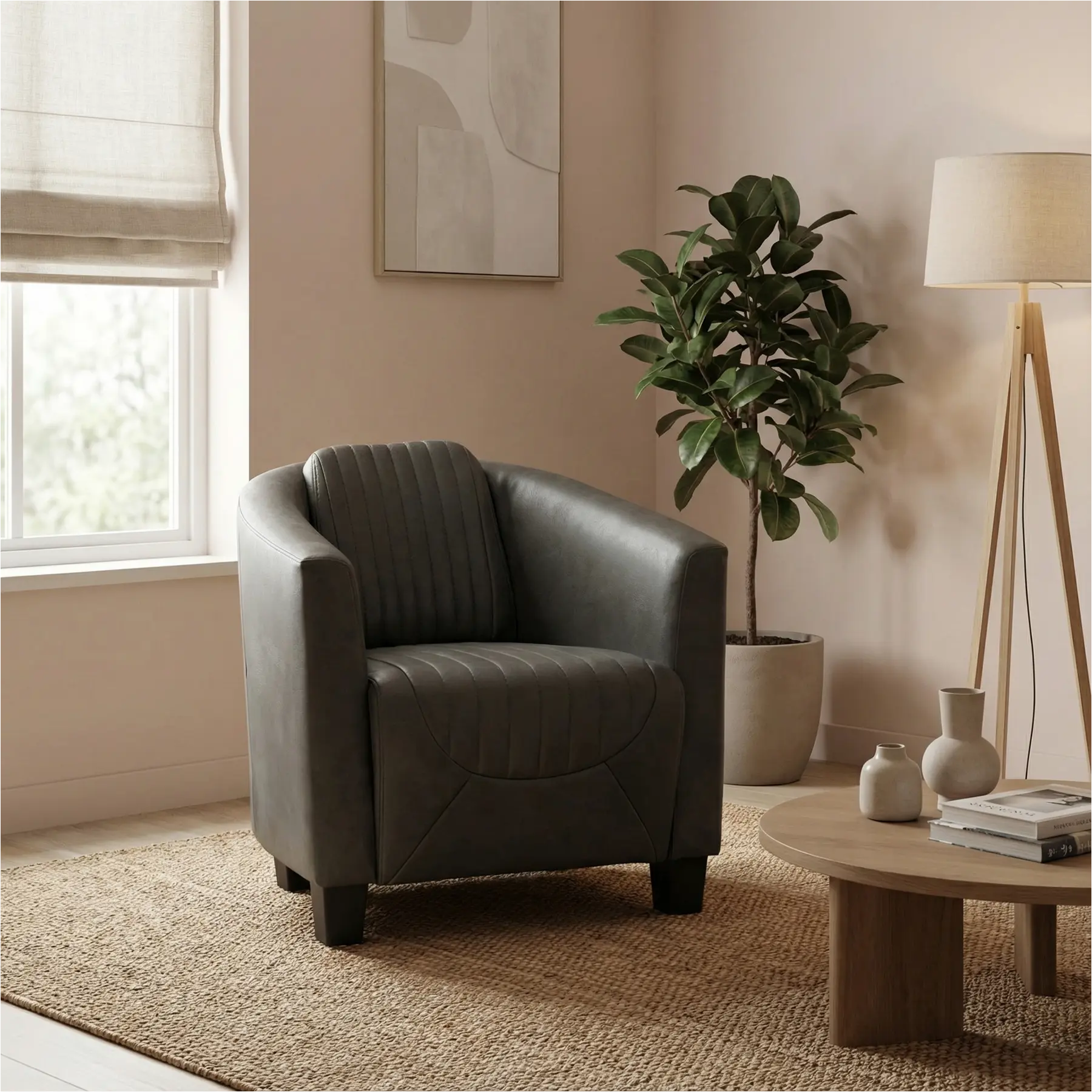 afbeelding van Leren fauteuil Press Special - Kenia Antracite (grijs) - Poten hout zwart