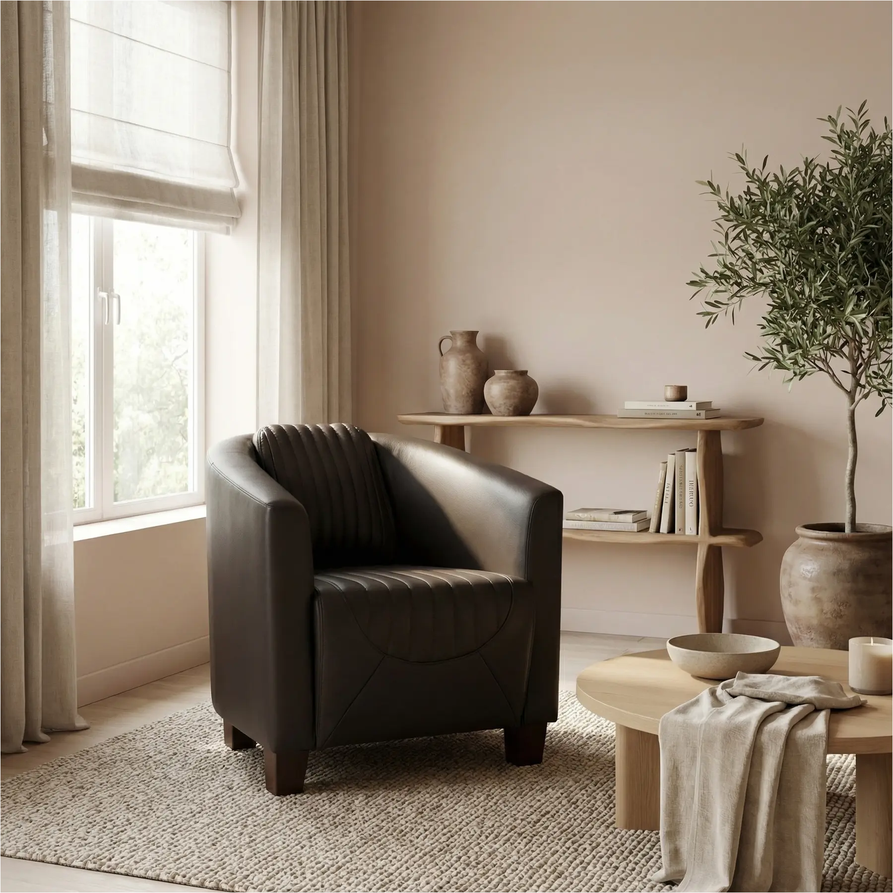 afbeelding van Leren fauteuil Press Special - Massif Marron (donkerbruin) - Poten hout bruin